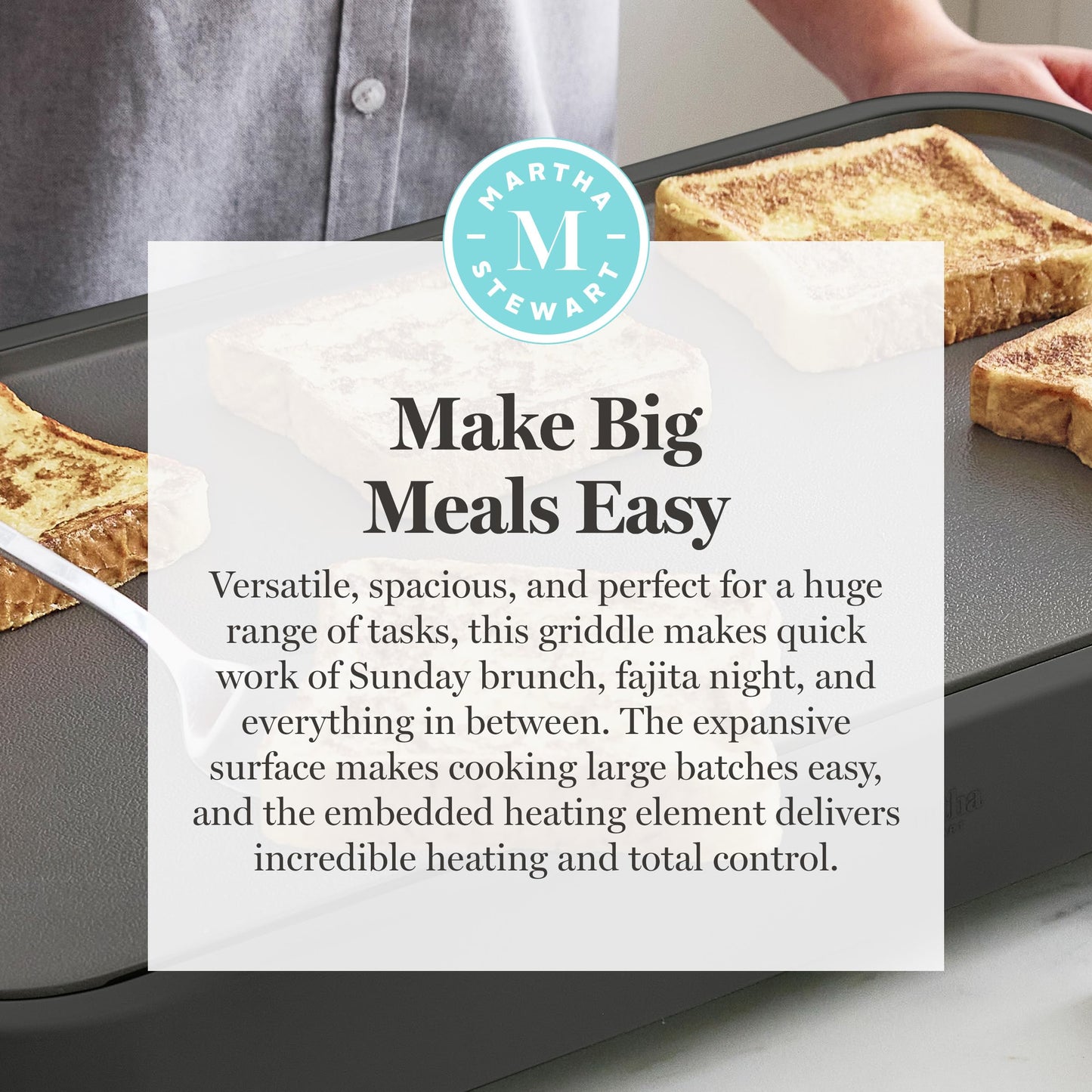 Martha Stewart 12” x 22” Electric Griddle, XL Ceramic Nonstick Flat Top Cooking Surface, Adjustable Temperature Dial, Drip Tray, Dishwasher Safe, 1500W Fast Even Heating, Pancakes & Eggs, Linen White