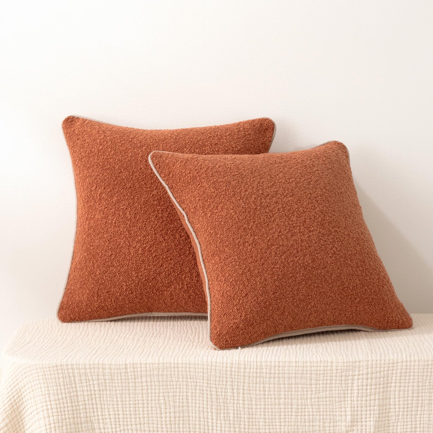 Amazon Basics Boucle Throw Pillow Covers for Couch, Living Room, Orange Home Decor with Hidden Zipper, Brown, 18×18in, Pack of 2