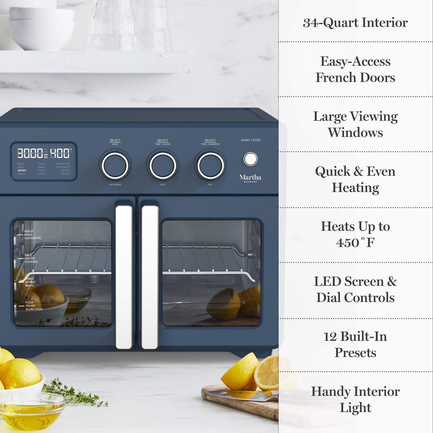 Martha Stewart French Door Air Fryer Toaster Oven Combo, 34QT Countertop Convection, 12-in-1, Bake, Broil, Roast, Fits 12” Pizza, Dehydrate, 5 Accessories, Air Fry Basket, Stainless Steel, Caviar Gray