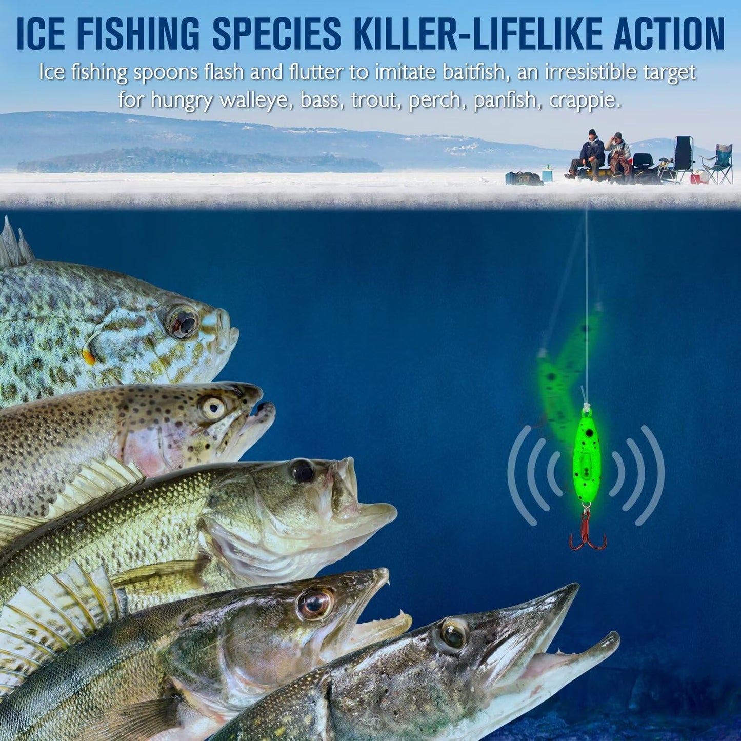 Dovesun Ice Fishing Jigs Ice Fishing Lures Kit Rattling Glow Ice Fishing Spoons for Bass Crappie Panfish Mens Fishing Gifts 15PCS/4PCS/3PCS
