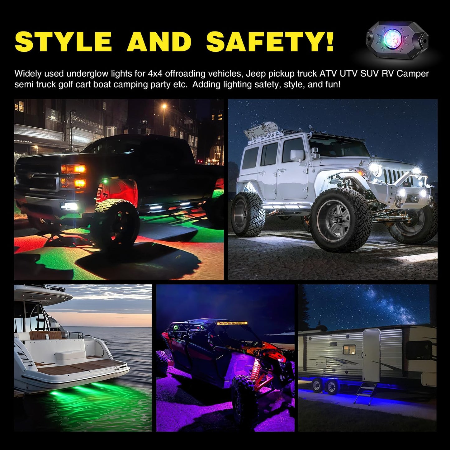 Nilight RGB LED Rock Lights Kit, 4 pods Underglow Multicolor Neon Light Pod with Bluetooth App Control Flashing Music Mode Wheel Well Light for Truck ATV UTV RZR SUV