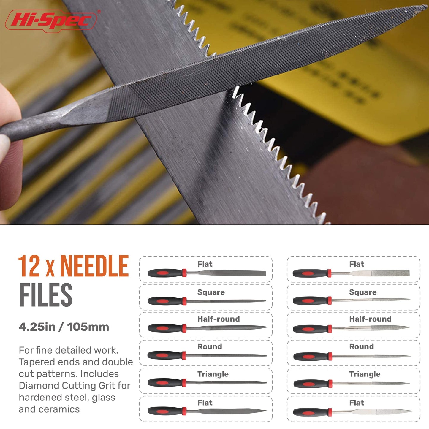 Hi-Spec 17 Piece Metal Hand & Needle File Tool Kit Set. Large & Small Mini T12 Carbon Steel Flat, Half-Round, Round & Triangle Files. Complete in a Zipper Case with a Brush