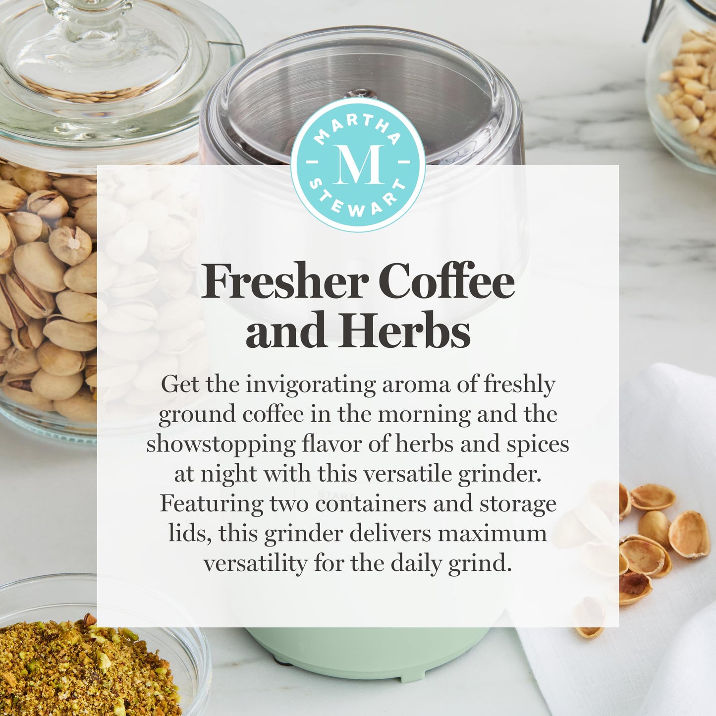 Martha Stewart Electric Coffee & Spice Grinder, Dual 2.5oz Removable Bowls, Storage Lids, Stainless Steel Blades, One Touch Pulse Control, 2-in-1 Compact, Beans & Spices, Herbs & Nuts, Sky Blue