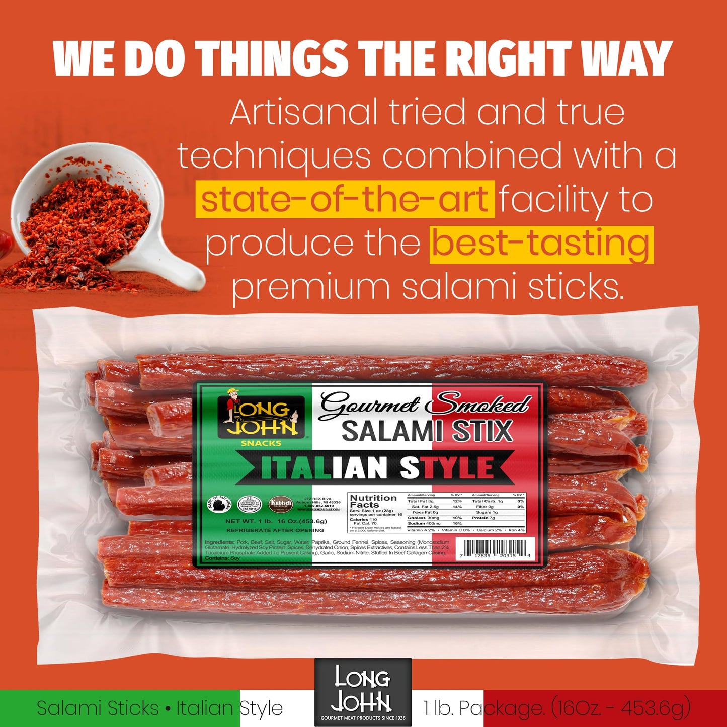 Long John Snacks Italian Style Dried Salami Stix – Premium Italian Blend Hand Crafted Pork & Beef Cuts – Gluten-Free, Bold Flavor & Low Heat – Smoked & Italian-Style Dried to Perfection - 16oz.