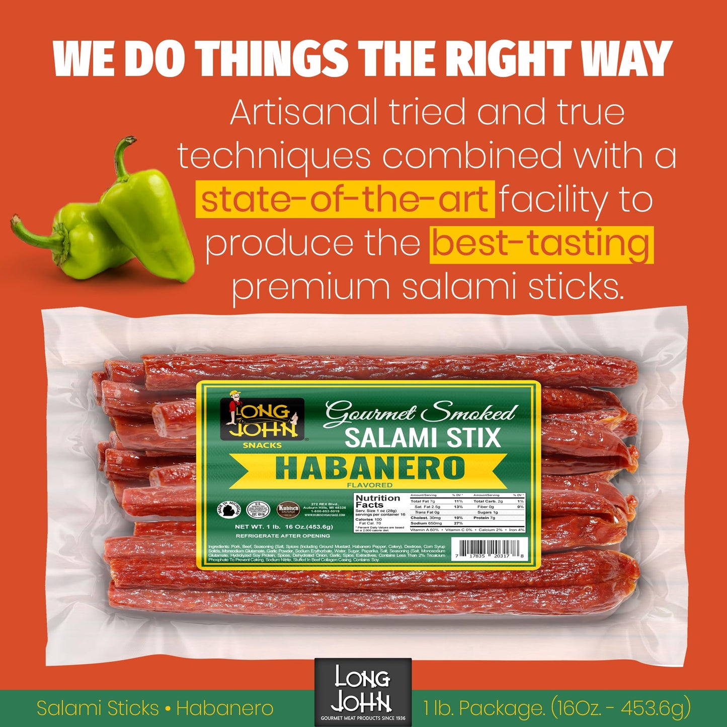 Long John Snacks Italian Style Dried Salami Stix – Premium Italian Blend Hand Crafted Pork & Beef Cuts – Gluten-Free, Bold Flavor & Low Heat – Smoked & Italian-Style Dried to Perfection - 16oz.