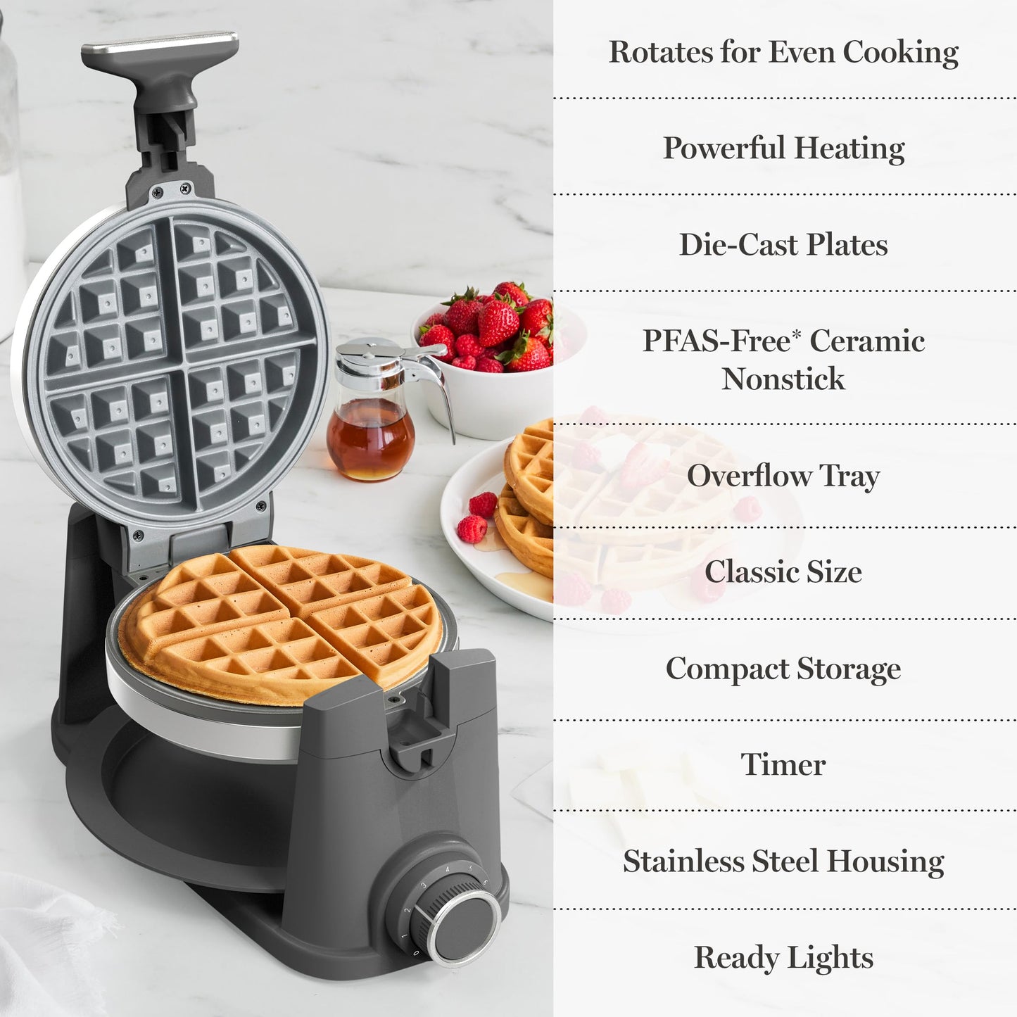 Martha Stewart Rotating Waffle Maker, 180° Flip Iron with PFAS-Free Nonstick Plates, Adjustable Timer, Ready Light, Drip Tray, Space Saving, Classic Round 7”, Easy to Clean, Stainless Steel, Sky Blue