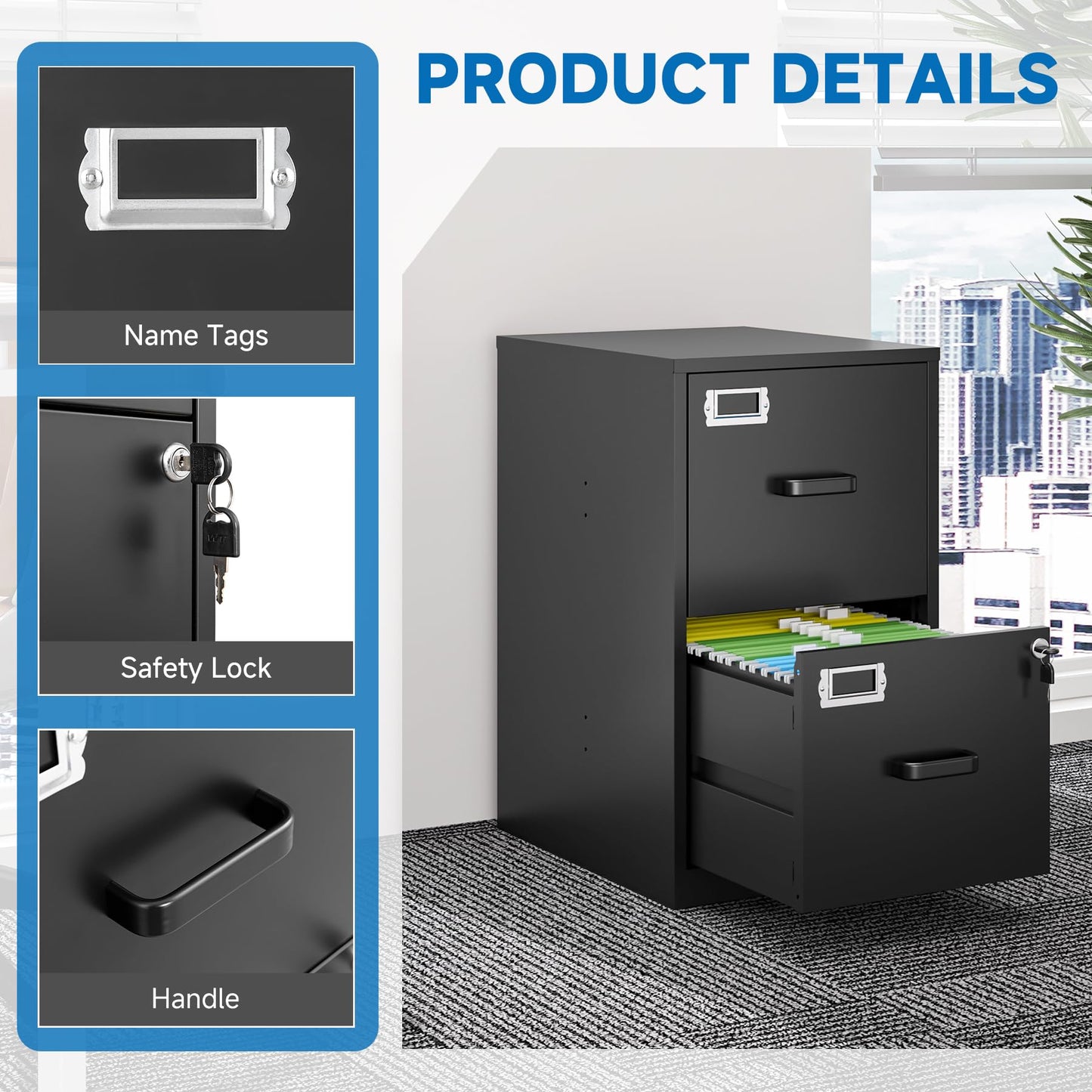 BYNSOE 2 Drawer File Cabinet with Lock Vertical Filing Storage Cabinet Office Home Steel Vertical File Cabinets for Letter Size File Cabinet Locked,Assembly Required