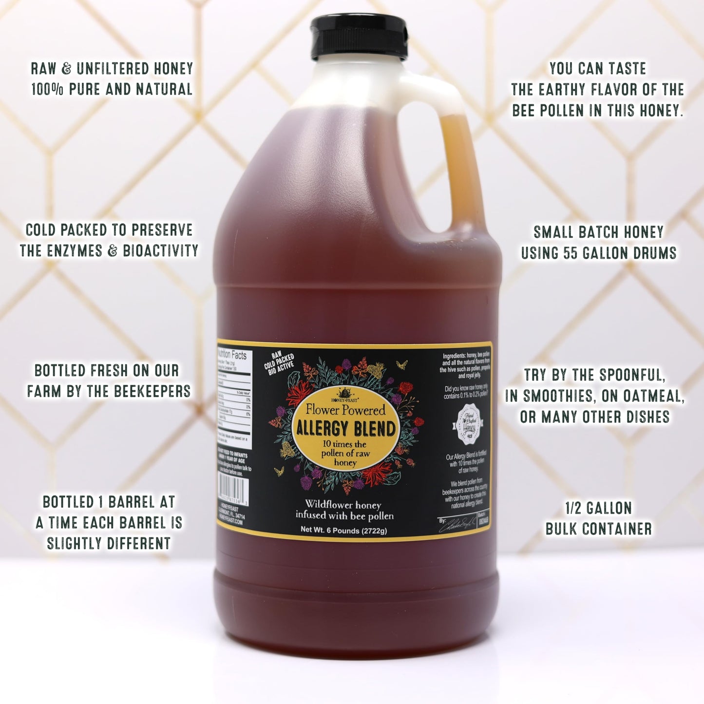 HONEY FEAST Wildflower Honey - 6 Pounds (1/2 Gallon) Bulk Honey, All Natural, Unfiltered, Unheated Honey, Perfect for Sweetening & Baking