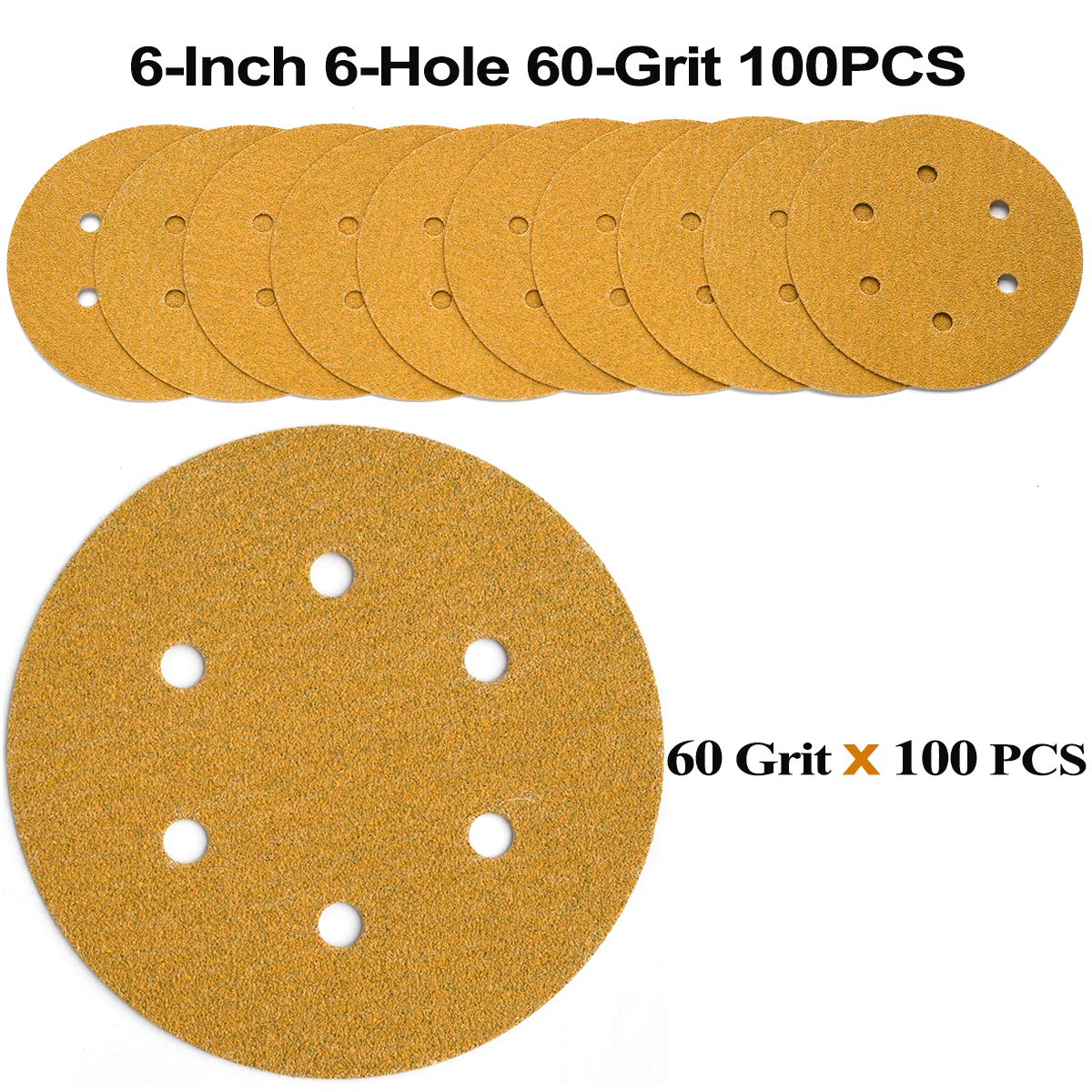 6-Inch 6-Hole Hook and Loop Sanding Discs 600-Grit, Random Orbital Sandpaper for Automotive and Woodworking, 100-Pack