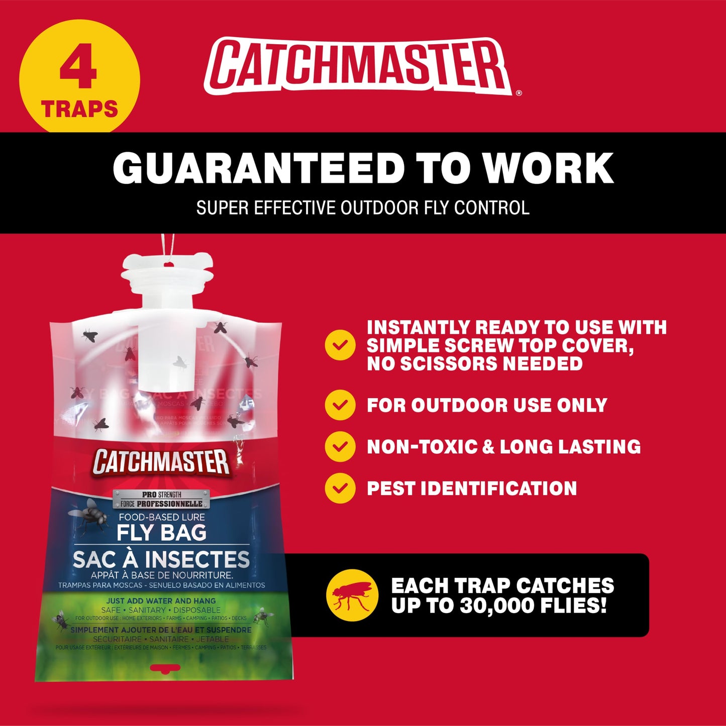 Catchmaster Pro Series Fly Bag 4-Pack, Hanging Fly Trap Outdoor Home, Bug Catcher and Flying Insect Trap with Premium Bait, Pet Safe Pest Control, XL Bag for Backyard, Pool, Patio & Camping