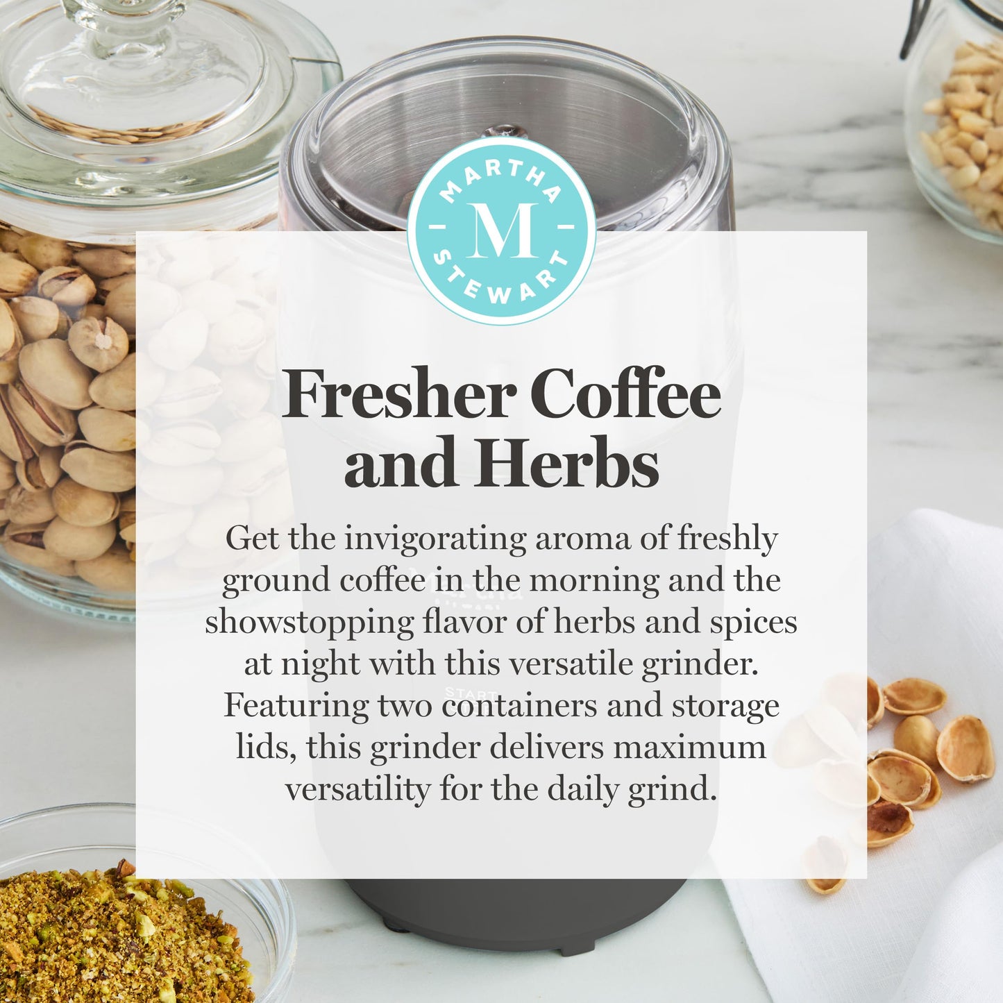 Martha Stewart Electric Coffee & Spice Grinder, Dual 2.5oz Removable Bowls, Storage Lids, Stainless Steel Blades, One Touch Pulse Control, 2-in-1 Compact, Beans & Spices, Herbs & Nuts, Sky Blue