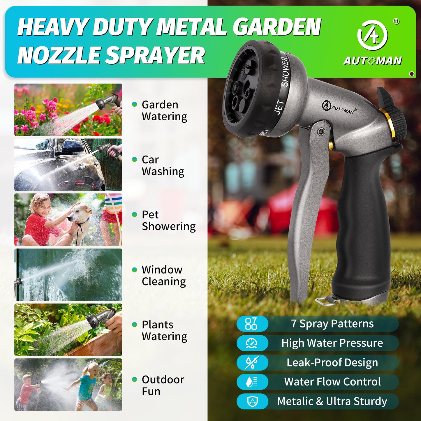 AUTOMAN-Garden-Hose-Nozzle, ABS Water Spray Nozzle with 7 Adjustable Watering Patterns, Slip Resistant for Watering Plants, Lawn& Garden, Washing Cars, Cleaning, Showering Pets & Outdoor Fun.