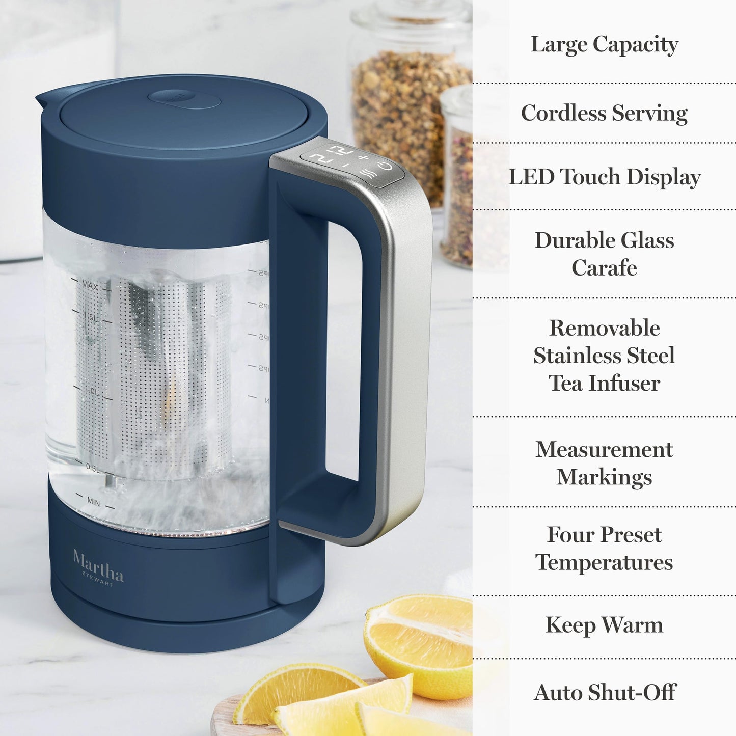 Martha Stewart Electric Kettle with Removable Stainless Steel Tea Infuser,  Glass Carafe 1.7L (7 Cups), Hot Water Boiler, 4 Presets, Keep Warm & Auto Shut-Off, Cordless 360° Swivel Base, Sky Blue