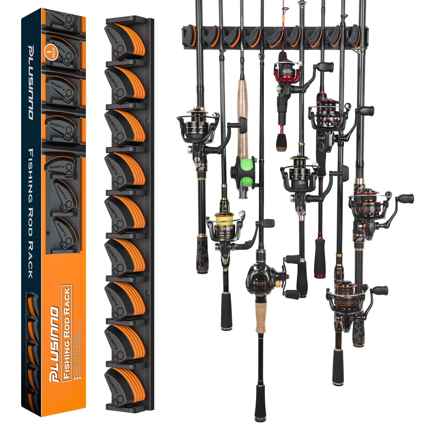 PLUSINNO Vertical Fishing Rod Holder, Wall Mounted Fishing Rod Rack, Fishing Pole Holder Holds Up to 9 Rods or Combos, Fishing Rod Holders for Garage, Fits Most Rods of Diameter 3-19mm