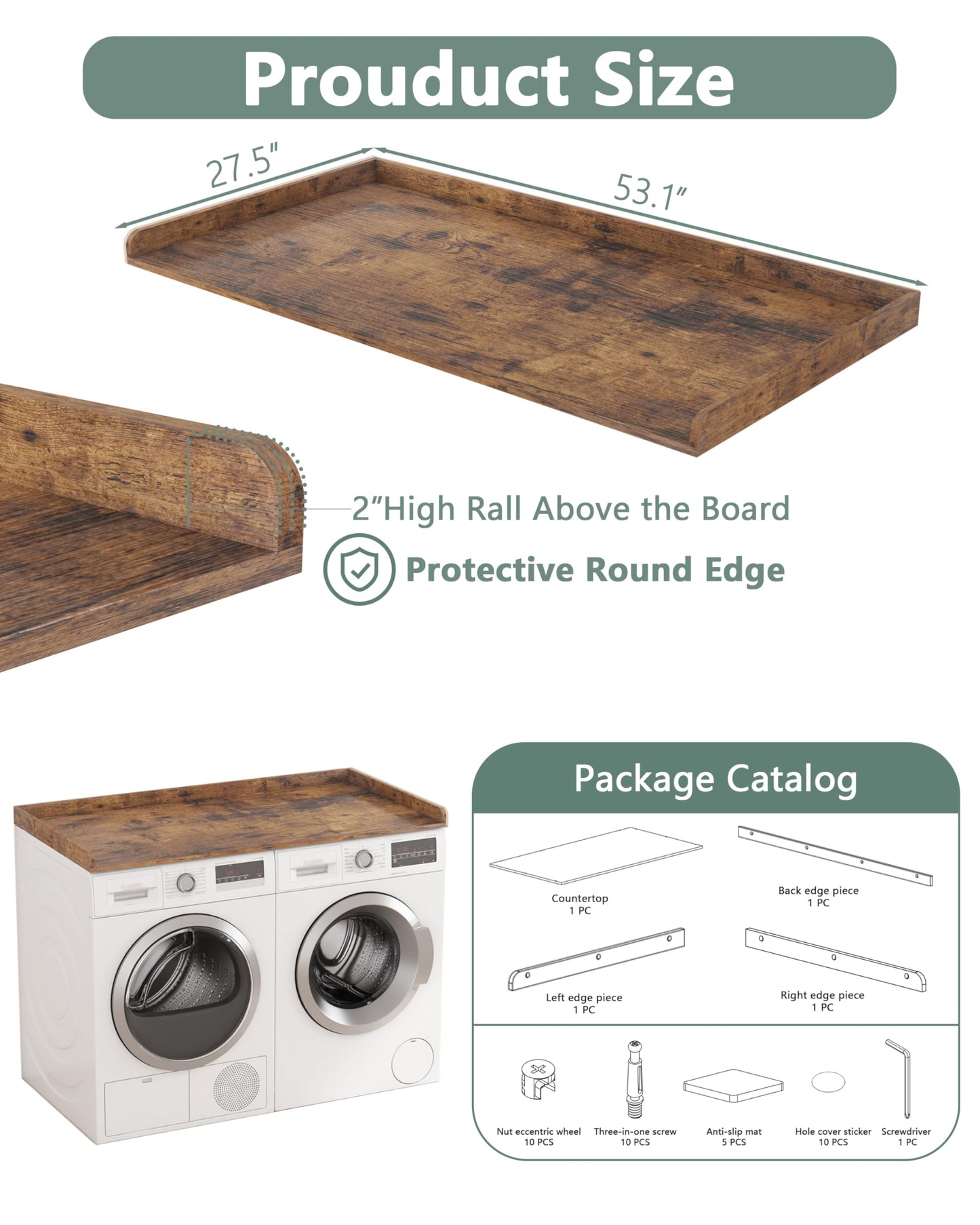 Piskyet Washer Dryer Countertop,Laundry Countertop with Edge Rails,27.5" Depth x 54" Wood Countertop For Washer and Dryer,Laundry Machine Topper for Laundry Room Organization and Storage(Rustic Brown)