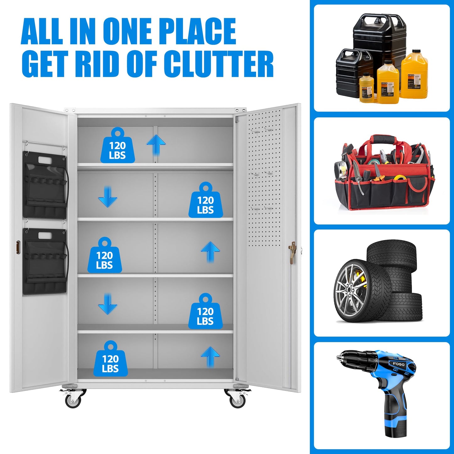 SUXXAN 2025 Upgraded Wide & Deep Garage Storage Cabinet with Wheels, Lockable Metal Storage Cabinet with Pegboards and 9 Hooks, 2 Tool Pouches for Garage,4 Adjustable Shelves