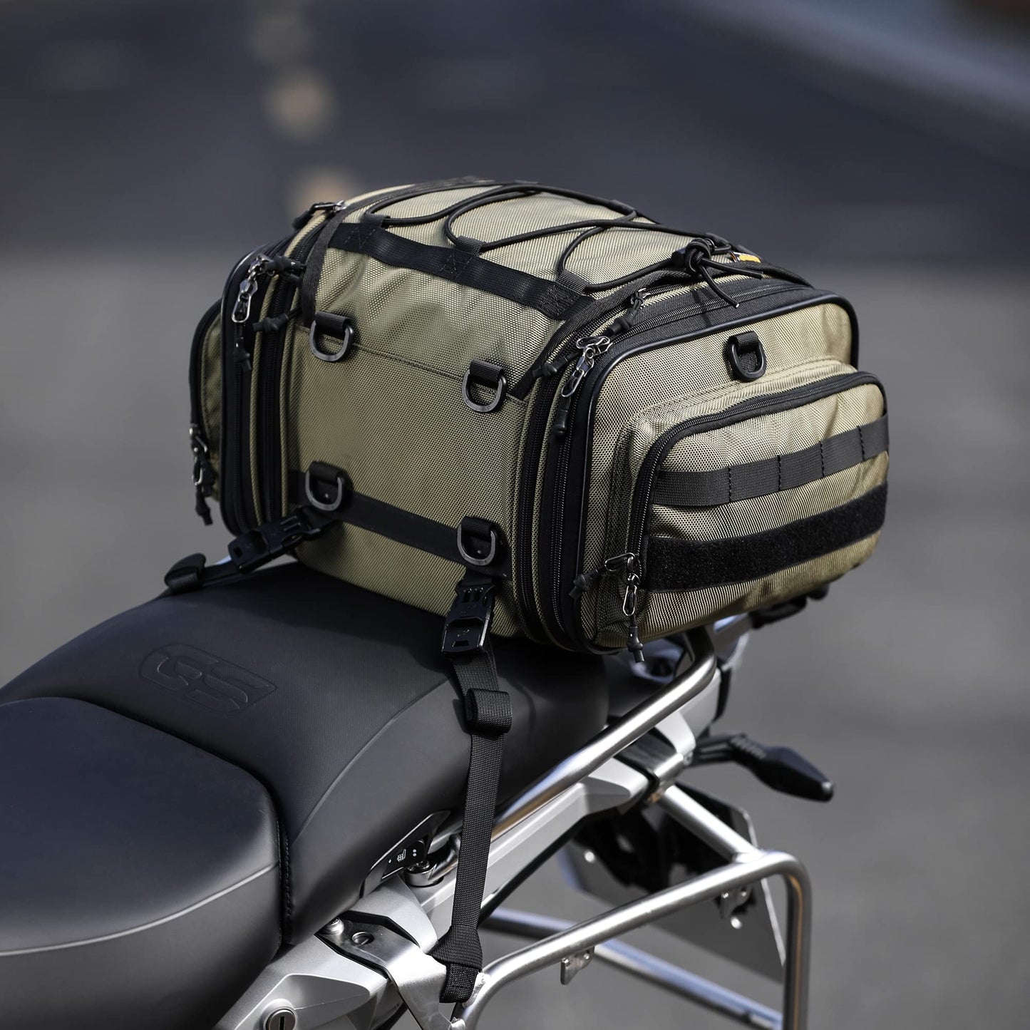 Rhinowalk Motorcycle Tail Bag, Expandable Motorcycle Travel Luggage Bags 60L, Waterproof All-Weather Trunk Rack Bag with Sissy Bar Straps & Helmet Rain Cover – Black
