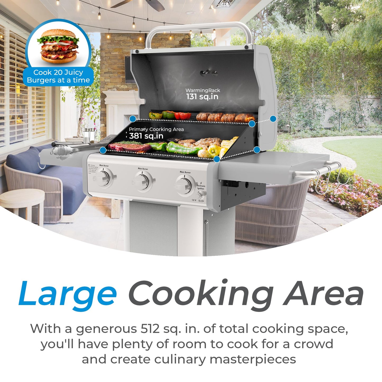Kenmore 3-Burner Propane BBQ Grill, 30,000 BTUs Gas Grill with Cast Iron Cooking Grates, Folding Side Tables & Wheels, Outdoor Grill with Tool Hooks, Azure Blue
