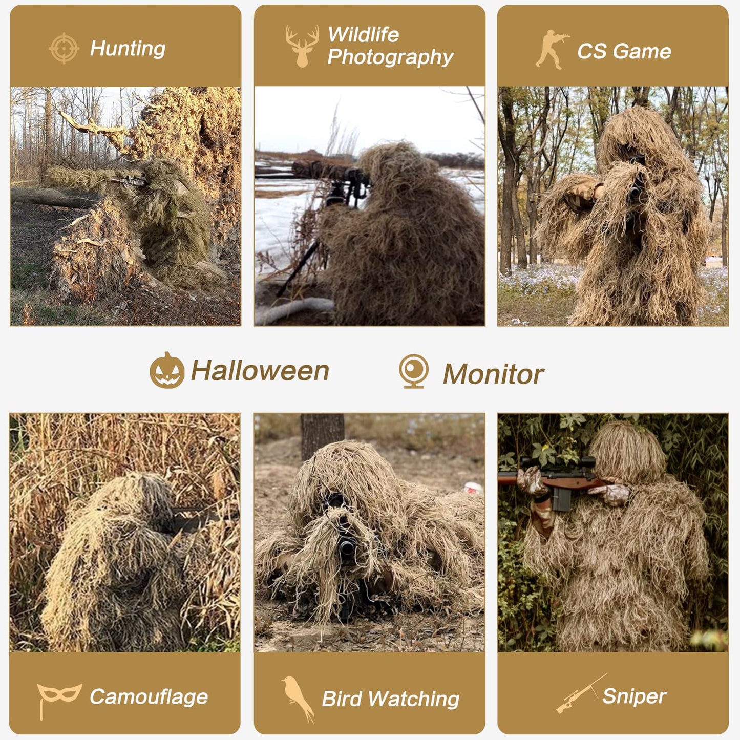 MOPHOTO 5 in 1 Ghillie Suit, 3D Camouflage Hunting Apparel Including Jacket, Pants, Hood, Carry Bag Suitable for Unisex Adults/Youth (M/L/XL/XXL)