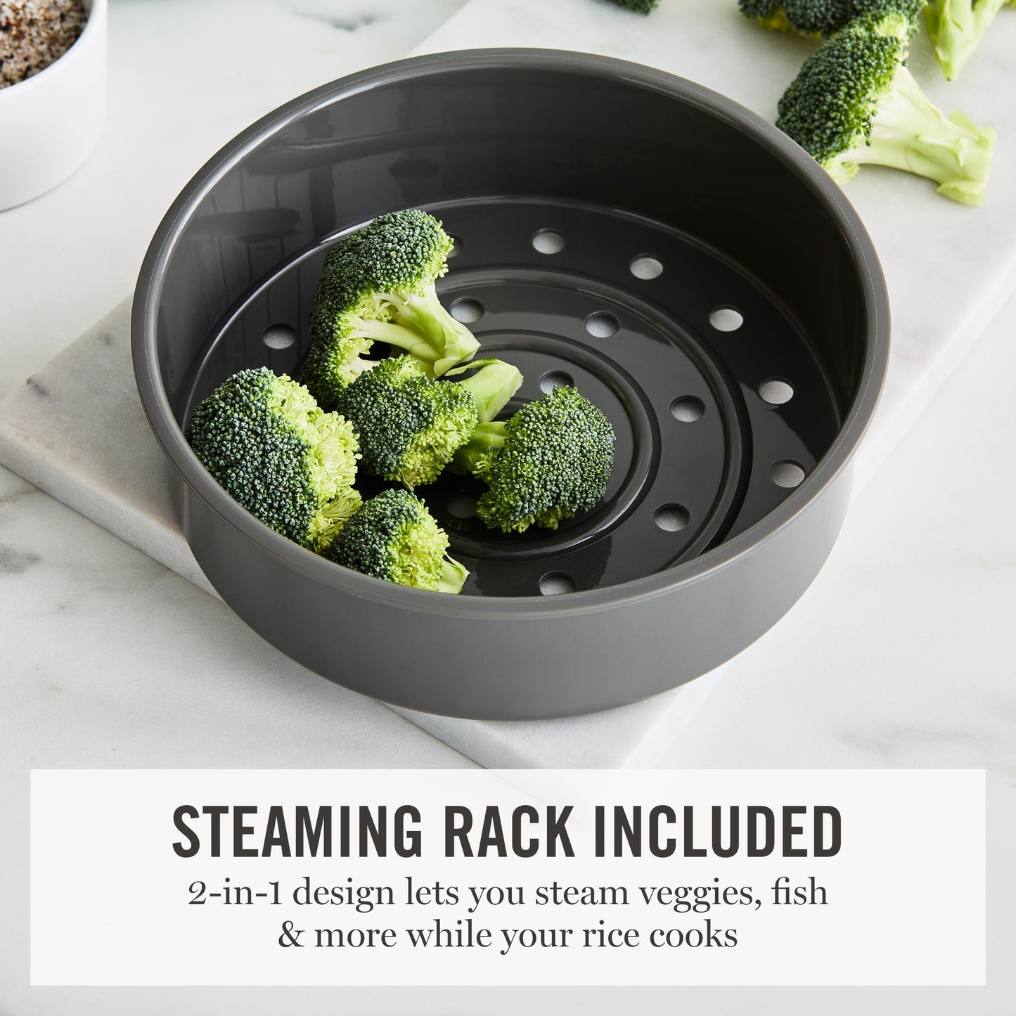 Martha Stewart Rice Cooker, 4 Cup (Uncooked) / 8 Cup (Cooked), Ceramic Non-Stick Removable Pot, Keep Warm, Measure Markings, Steam Basket, Brown & Sushi Rice, Quick Cook, Quinoa, Grains, Oats, Caviar Gray