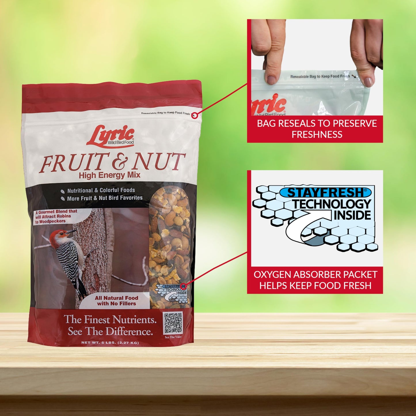 Lyric Fruit and Nut Wild Bird Seed - High Energy Wild Bird Food Mix - Attracts Woodpeckers, Chickadees & Other Songbirds - 20 lb bag
