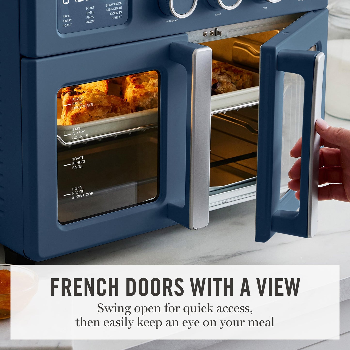 Martha Stewart French Door Air Fryer Toaster Oven Combo, 34QT Countertop Convection, 12-in-1, Bake, Broil, Roast, Fits 12” Pizza, Dehydrate, 5 Accessories, Air Fry Basket, Stainless Steel, Caviar Gray