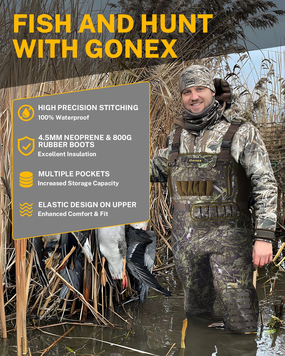 Gonex Hunting Waders with 800G Insulated Bootfoot 4.5mm Neoprene Fishing Chest Waders for Men Waterproof Camo, Size 11