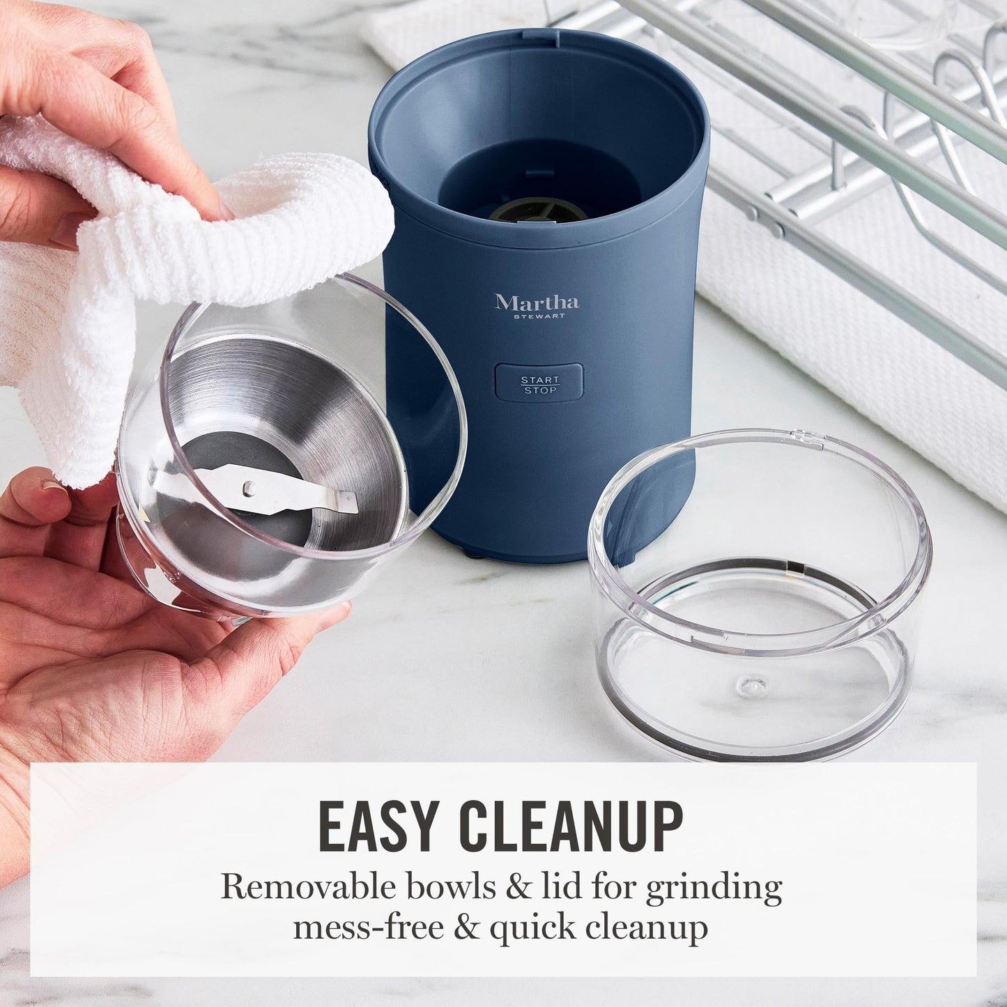 Martha Stewart Electric Coffee & Spice Grinder, Dual 2.5oz Removable Bowls, Storage Lids, Stainless Steel Blades, One Touch Pulse Control, 2-in-1 Compact, Beans & Spices, Herbs & Nuts, Sky Blue