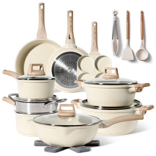 JUST PERFECTO Induction Pots Set - Pan Set with Lid - Induction Pots Set - Pots & Pans Set without PTFE and PFOA - Cookware Pot Set Induction 21 Pcs (Beige)