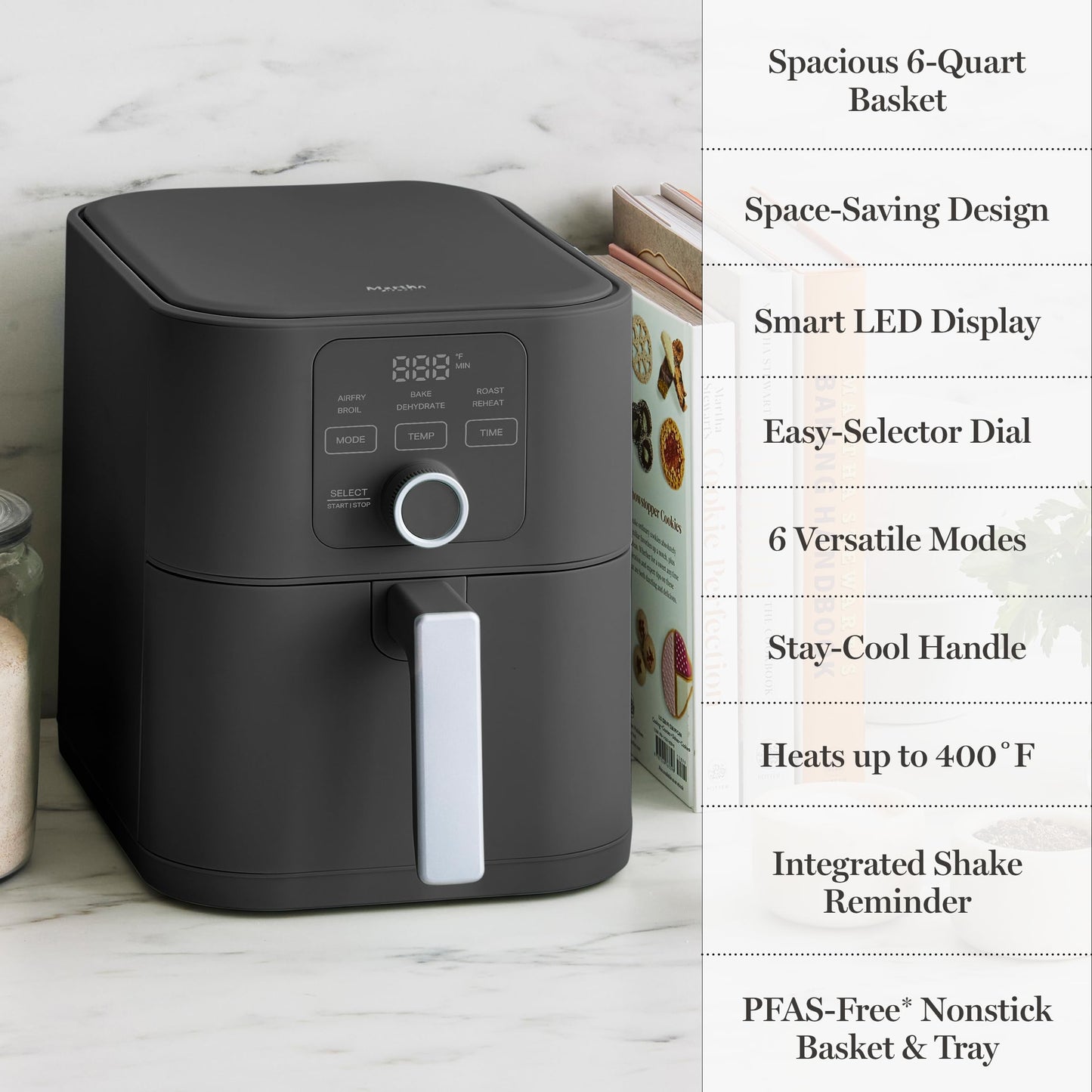 Martha Stewart 6QT Air Fryer, 6-in-1, Bake, Broil, Roast, Air Fry, Dehydrate, Reheat, Ceramic Non-Stick Basket, Crispy Results Fast, 400°F Max Temp, Shake Reminder, Auto Shut-Off, Honeydew Green
