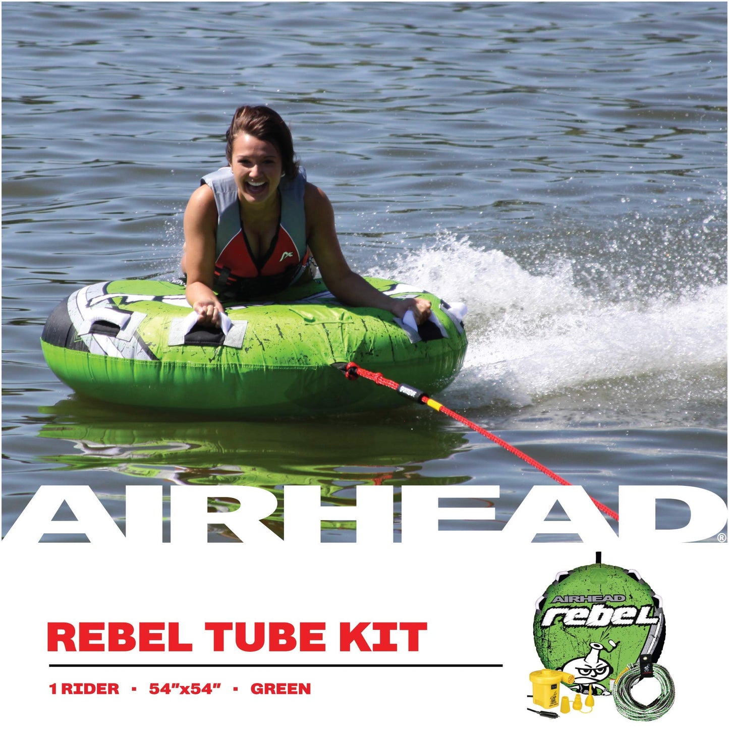 Airhead Rebel Towable Kit 1 Rider Tube with Rope And Pump, Kwik-Connect Tow, Double-Stitched Full Nylon Cover and Speed Safety Valve for Easy Inflating and Deflating