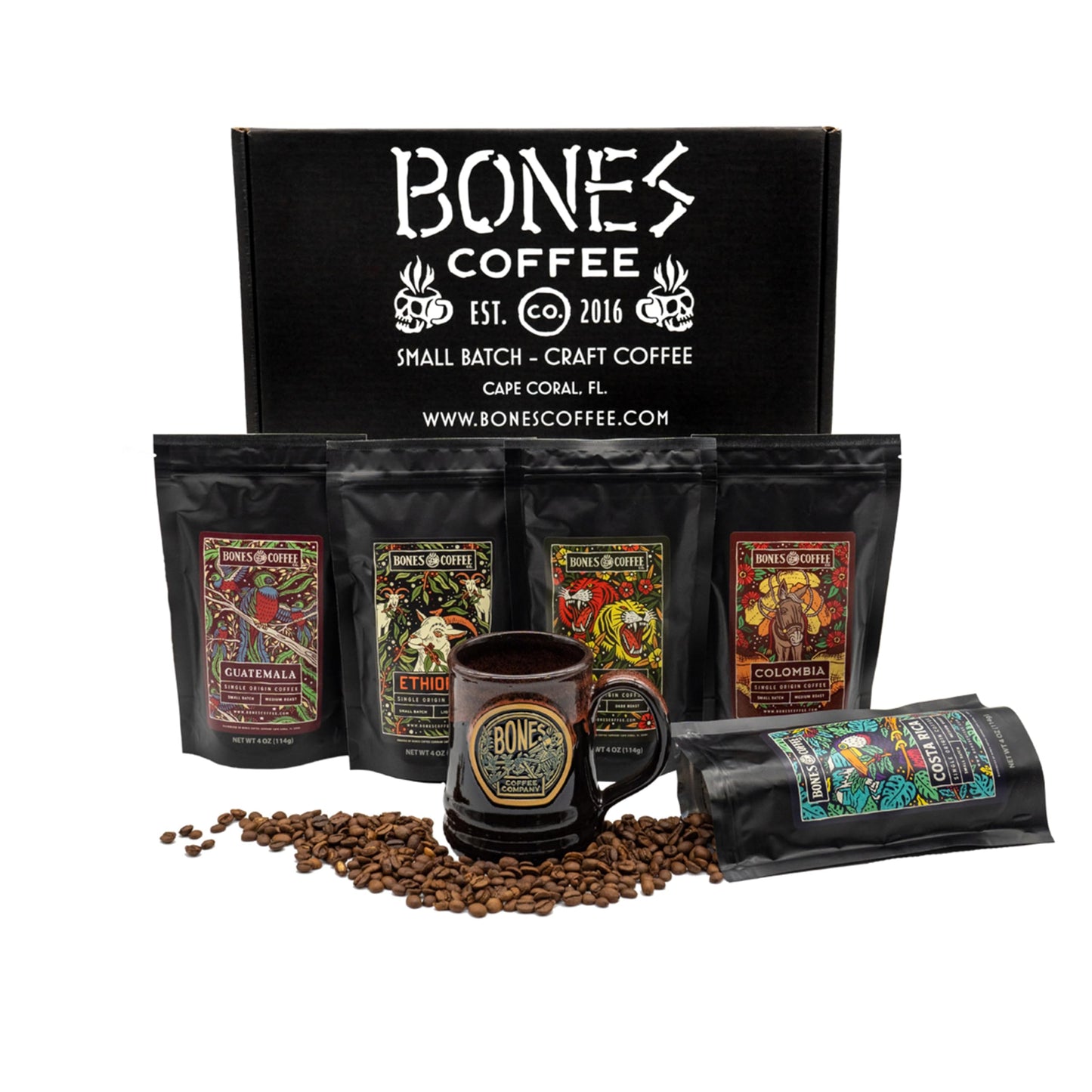 Bones Coffee Company World Tour Coffee Gift Set, 5 Packs Flavored Coffee, Medium Roast Low Acid, 4 Oz Ground
