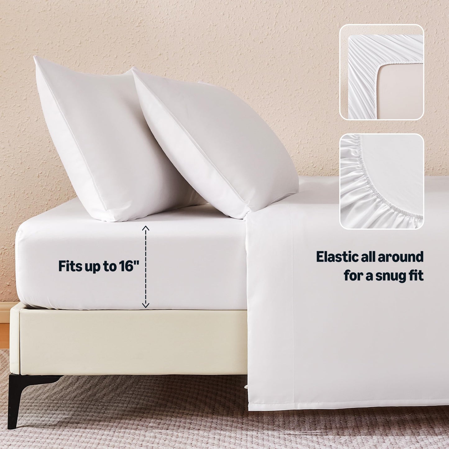 Amazon Basics Sheet Set Cationic Microfiber 4-Piece Bedding Set, Wrinkle Free and Easy Fit, Easy Care Bedding with 1 Deep Pocket Fitted Sheet, 1 Flat Sheet, and 2 Pillowcases, Queen, White