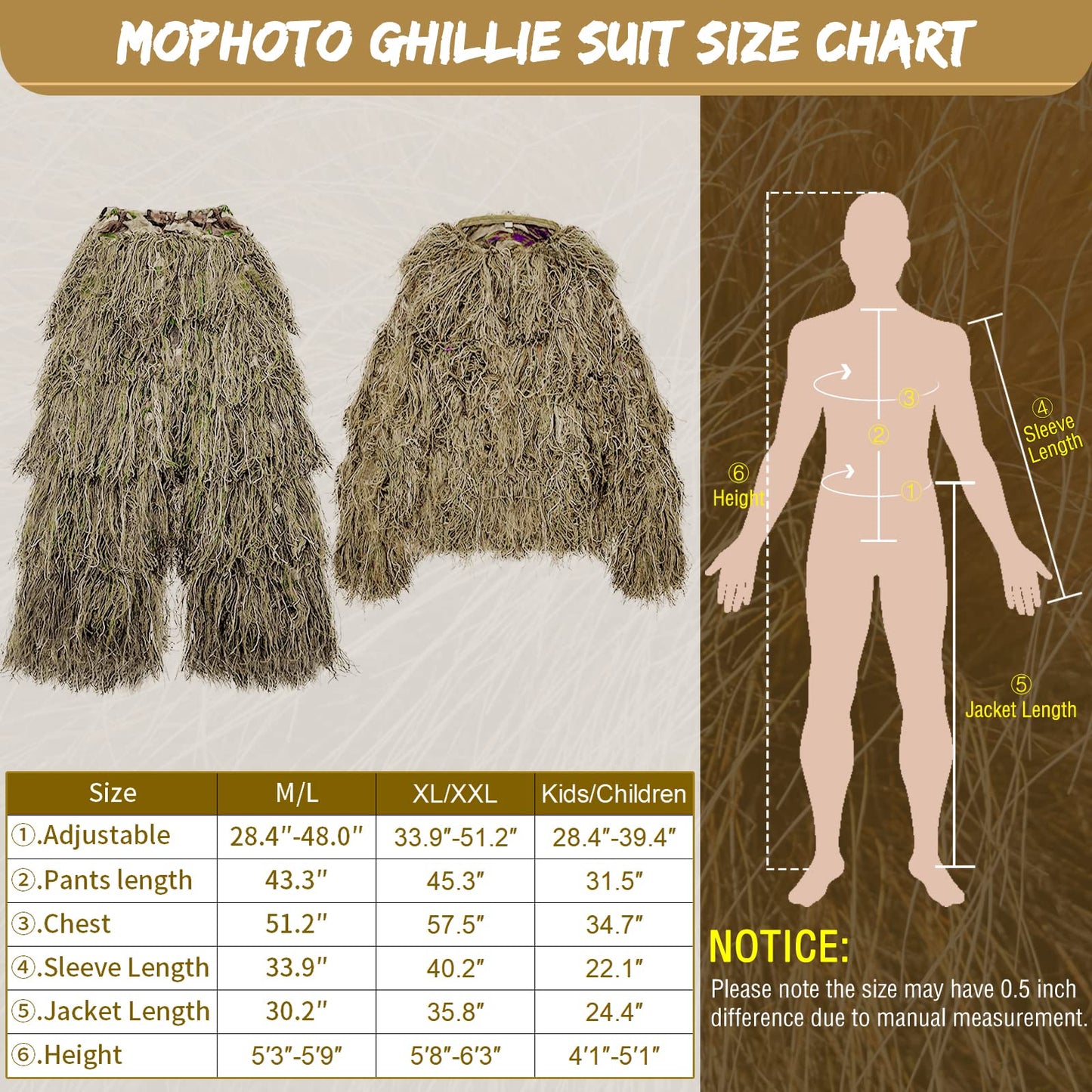 MOPHOTO 5 in 1 Ghillie Suit, 3D Camouflage Hunting Apparel Including Jacket, Pants, Hood, Carry Bag Suitable for Unisex Adults/Youth (M/L/XL/XXL)