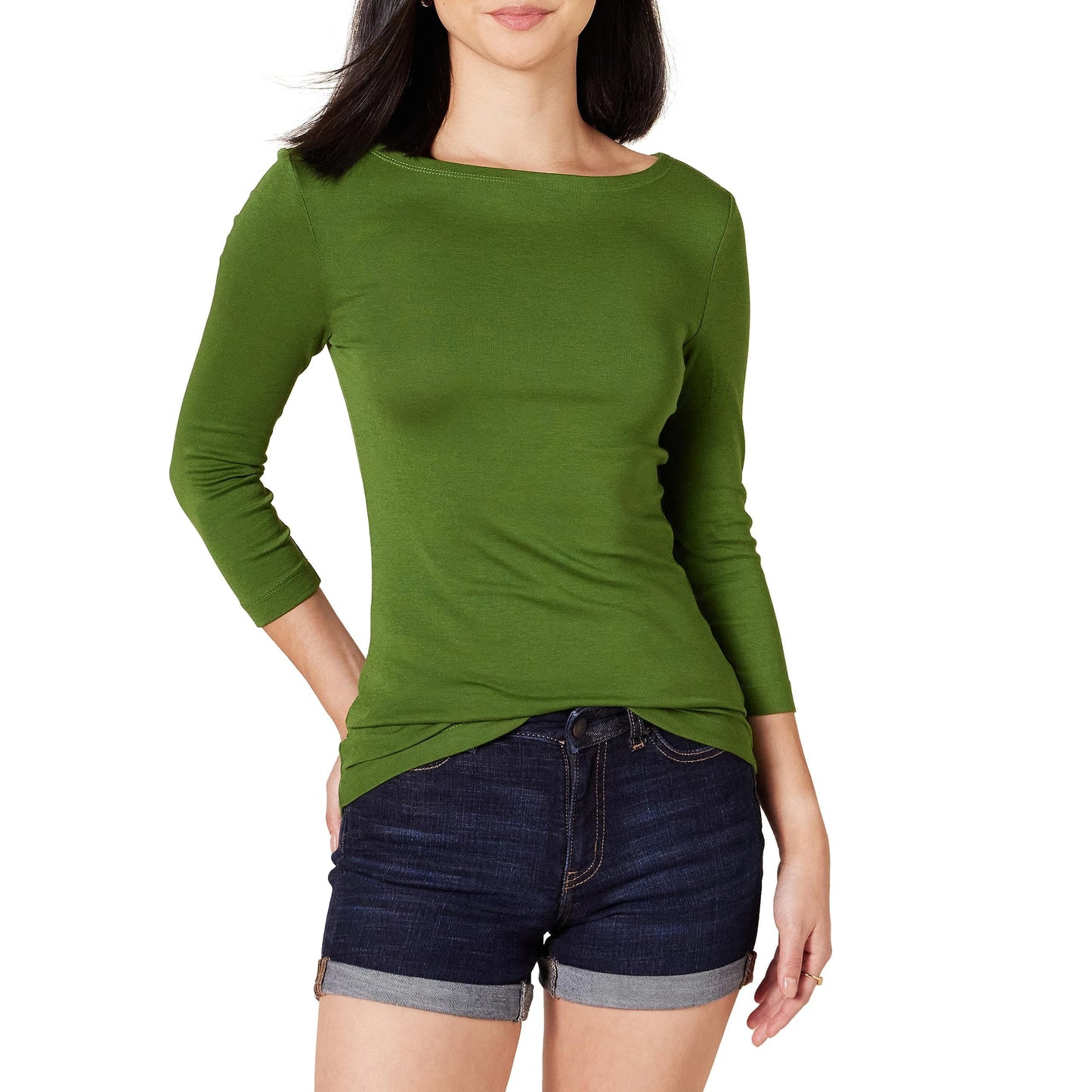 Amazon Essentials Women's Slim-Fit 3/4 Sleeve Boat Neck Cotton Modal Micro Rib T-Shirt