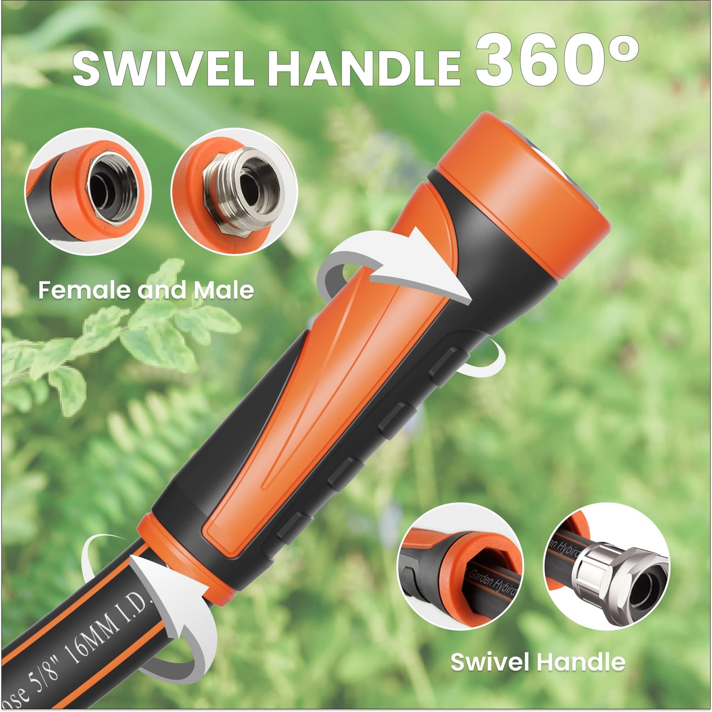 Giraffe Tools Garden Hose 50ft x 5/8", Water Hose Heavy Duty, Flexible, Lightweight Hybrid Hose with Swivel Handle, Male to Female Fittings, Burst 600 PSI