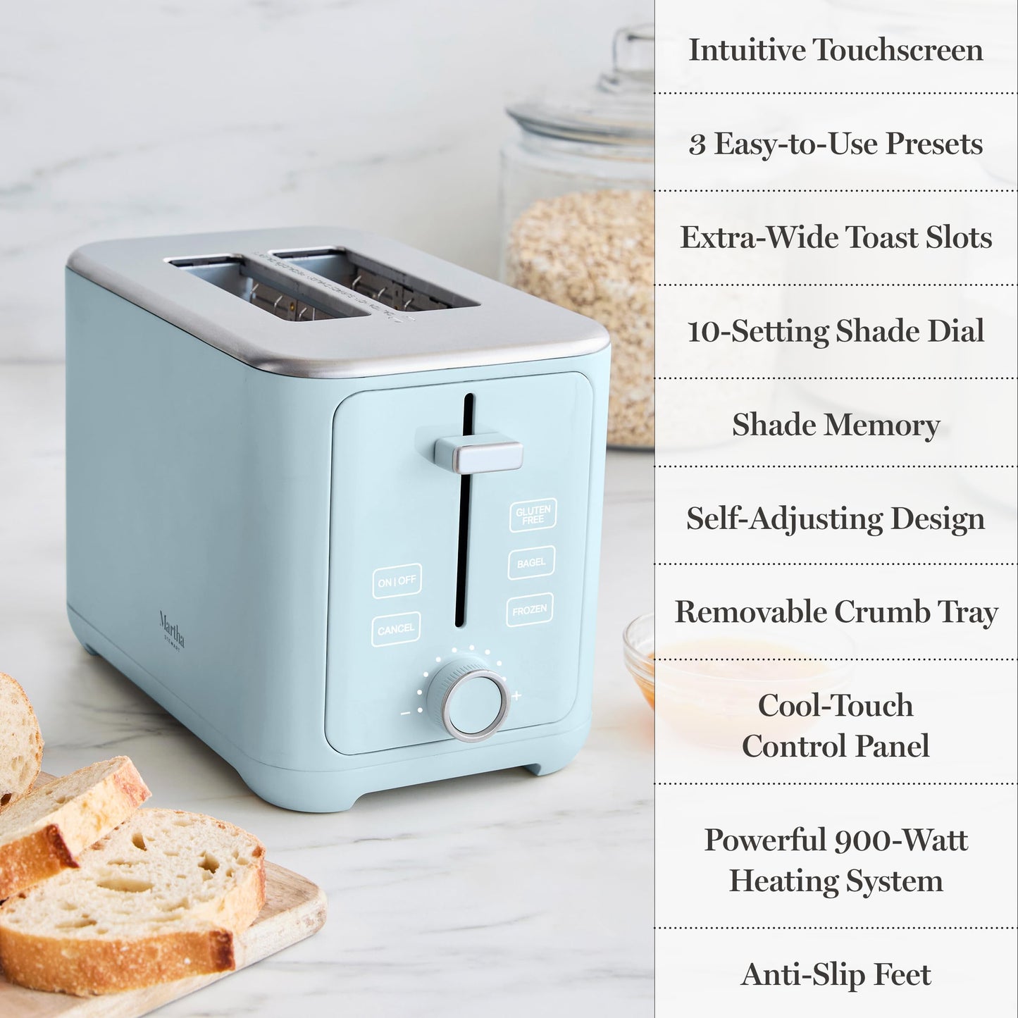 Martha Stewart 4 Slice Toaster, 10 Shade Settings with Defrost, Cancel, Bagel & Gluten-Free, Extra-Wide Self-Centering Slots for Waffles, Artisan Bread, Removable Crumb Tray, Cord Wrap,1800W, Honeydew