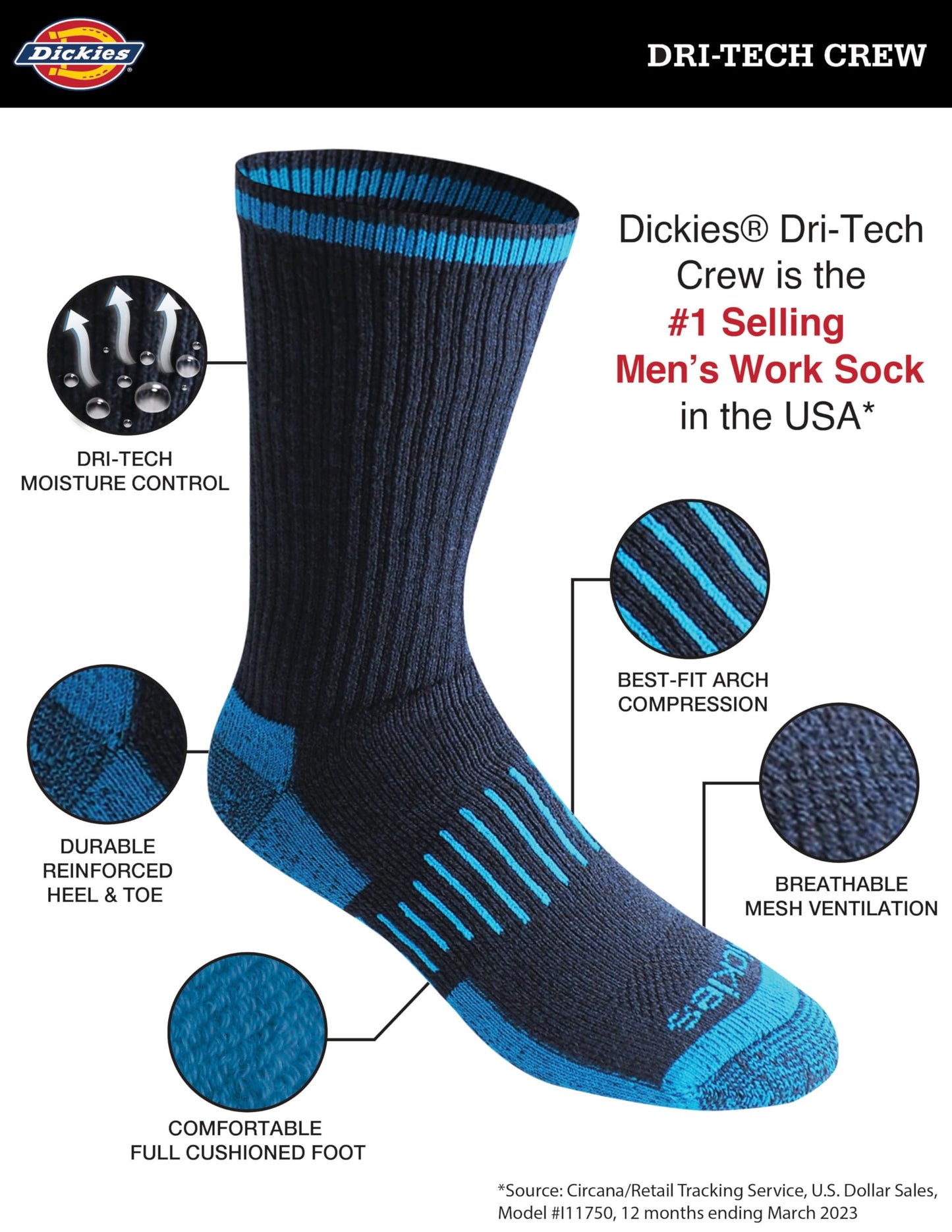 Dickies Men's Dri-Tech Original Moisture Control Crew Socks, Available in M-XXL (6, 12, 18 Pairs), Black Bright (6 Pairs), Large