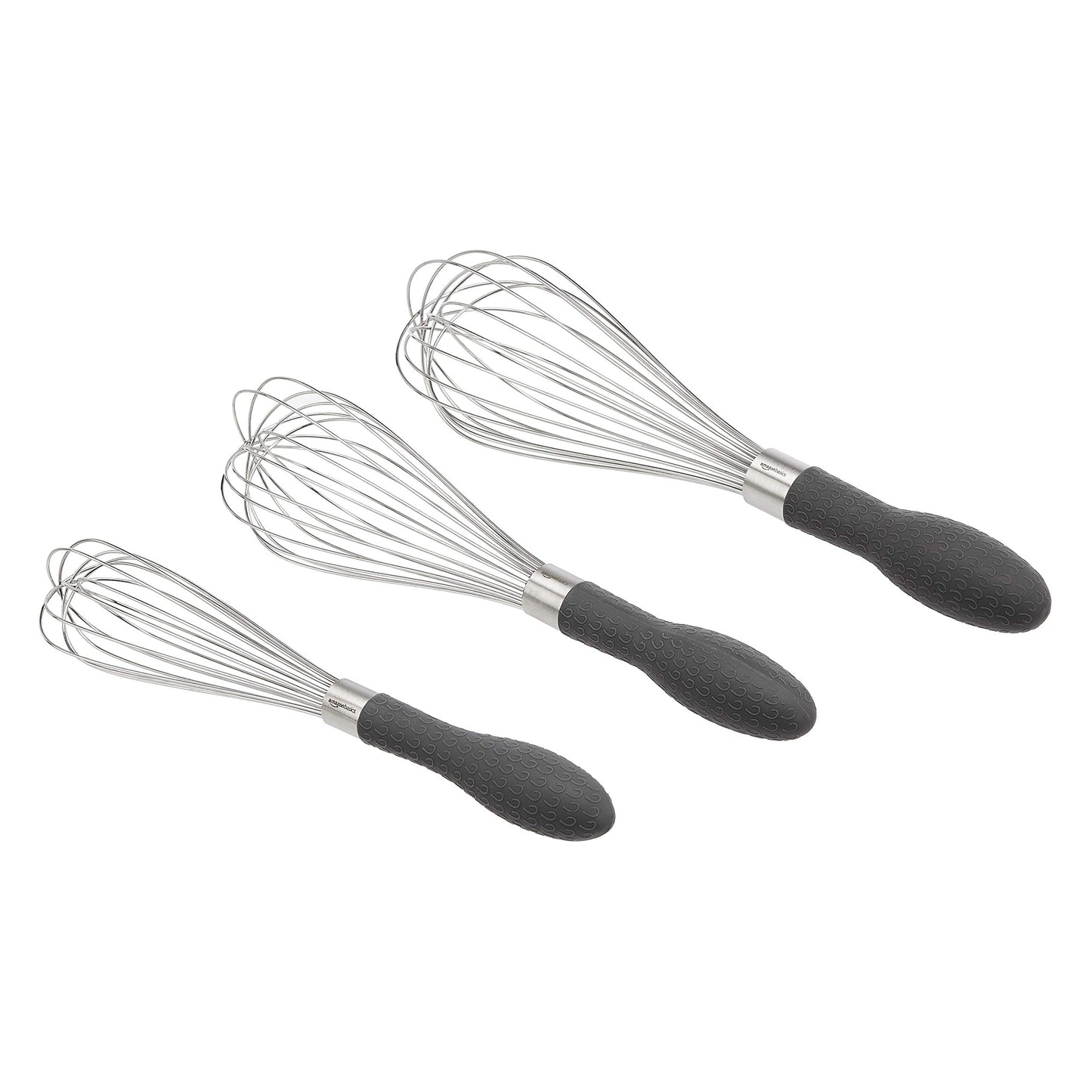 Amazon Basics Stainless Steel Wire Whisk Set for Cooking, Dishwasher Safe, 3 Piece, Black/Silver