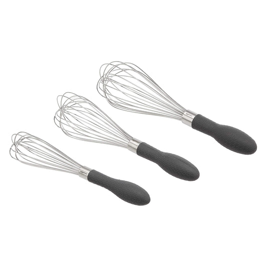 Amazon Basics Stainless Steel Wire Whisk Set for Cooking, Dishwasher Safe, 3 Piece, Black/Silver