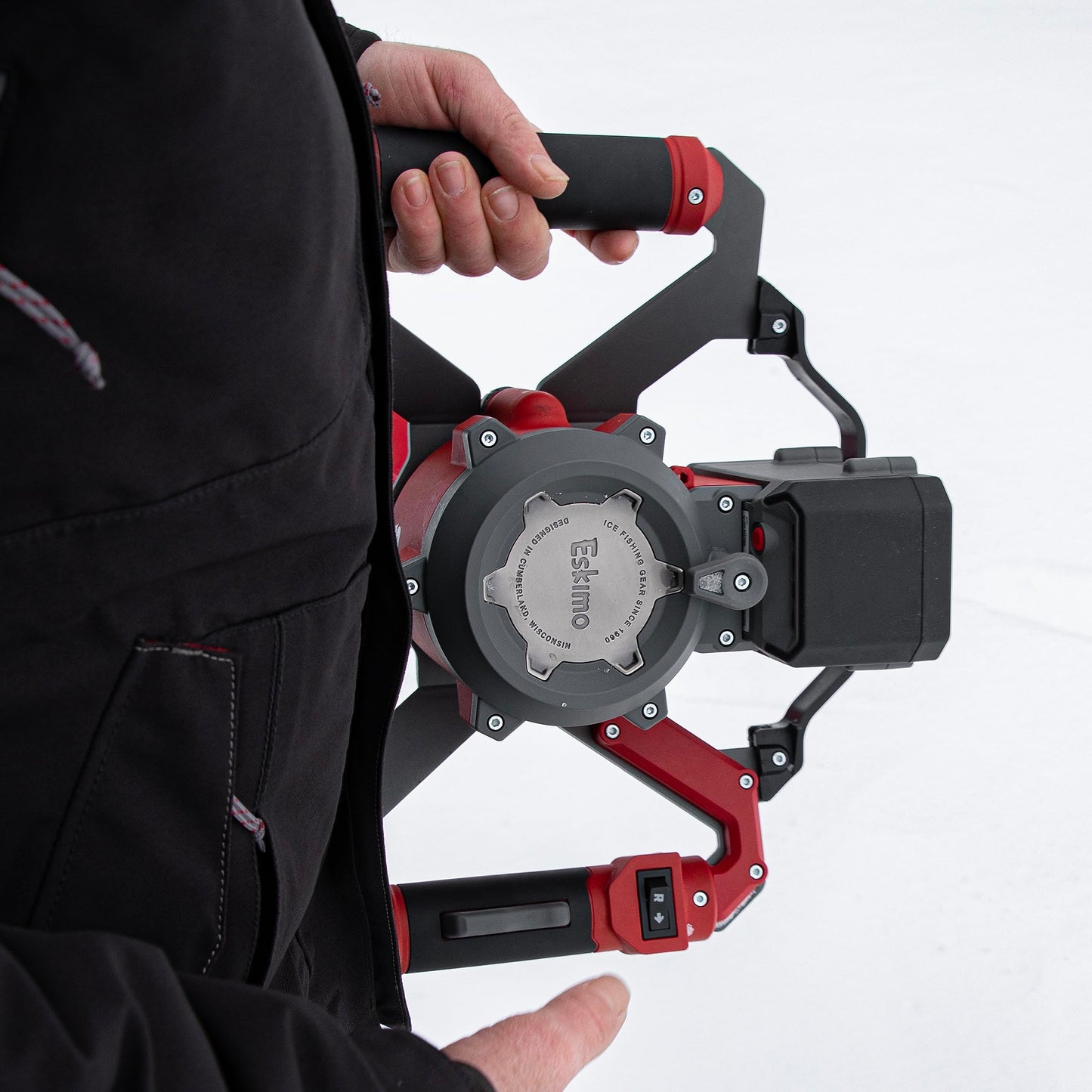 Eskimo E40 Electric Ice Fishing Auger, Full Power 40v Lithium-ion Battery, Lightweight Powerhead, Turbo Cutting System, Multi-Edge Blades, Red