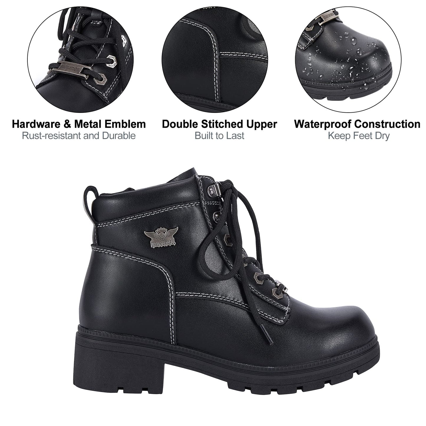 Dream Apparel Womens Lace Up Motorcycle Riding Boots with Side Zipper, Black Faux Leather Ankle Booties Biker Boots, Military Combat Booties for Ladies with Low Heel
