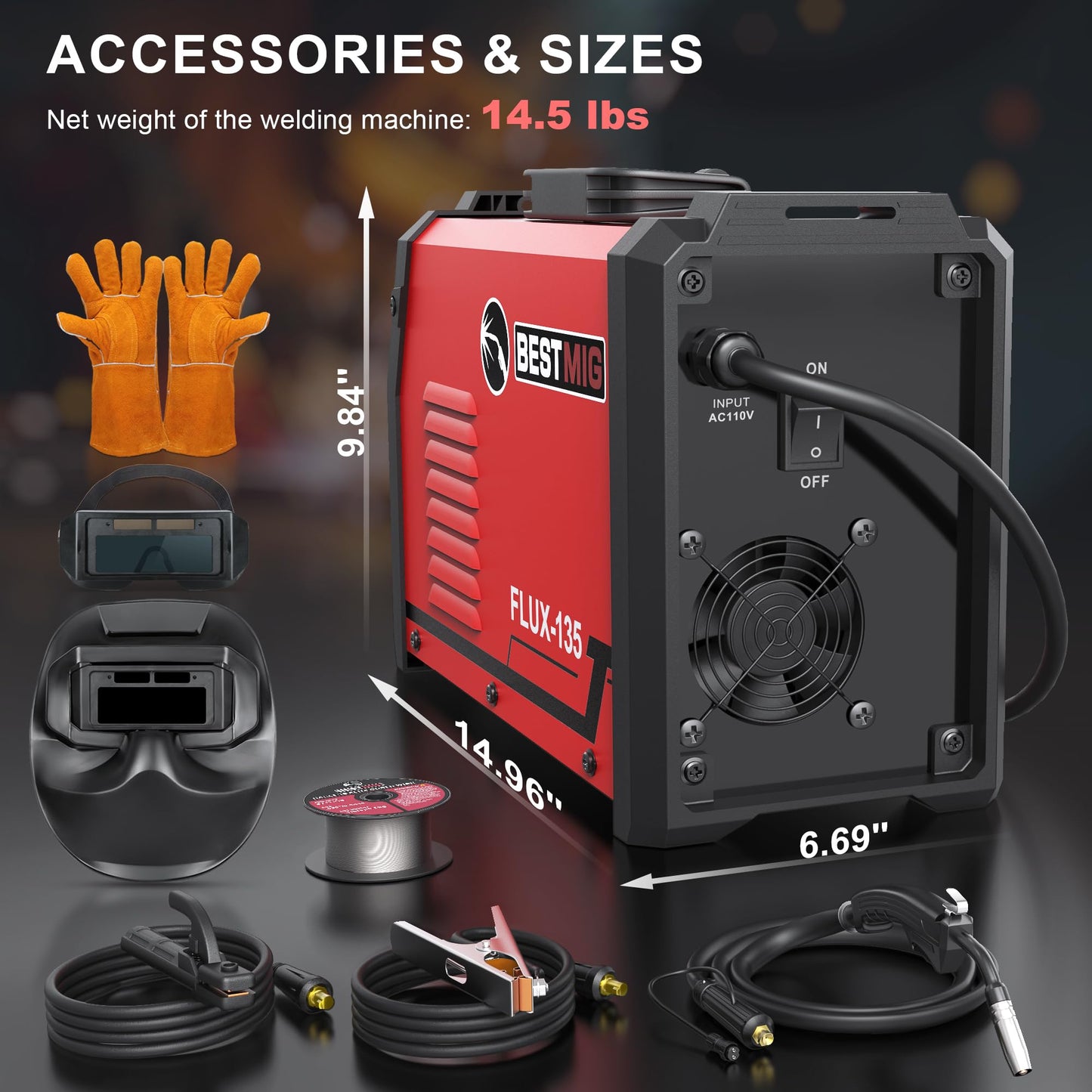 BESTMIG 135A MIG Welder - 3-in-1 Flux Core Welder, MIG/Lift TIG/Stick Welding Machine - Portable IGBT Inverter - 110V with Welding Helmets and Gloves (Red Black, MIG 135A Welder)
