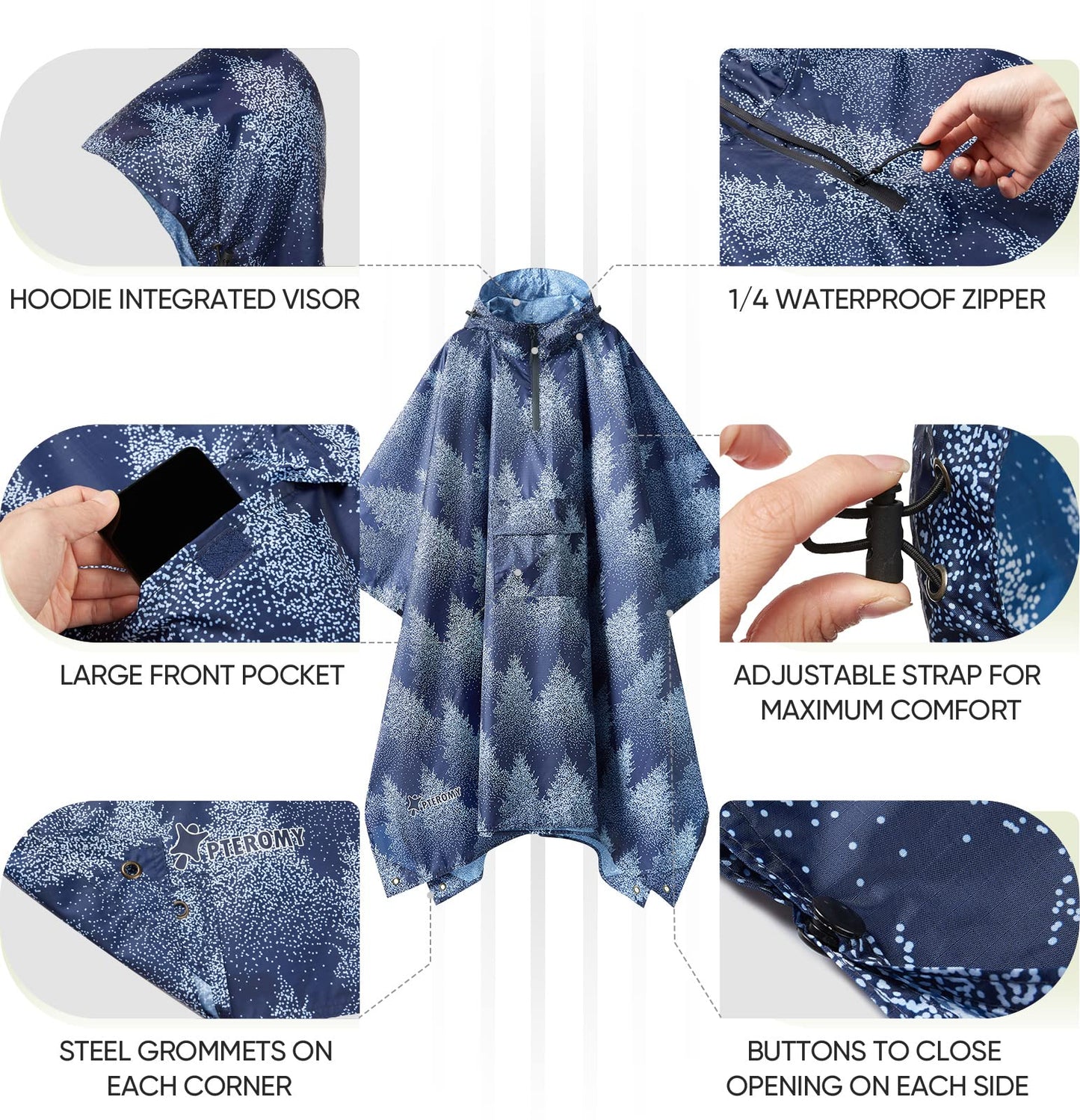 PTEROMY Hooded Rain Poncho for Adult with Pocket, Waterproof Lightweight Unisex Raincoat for Hiking Camping Emergency