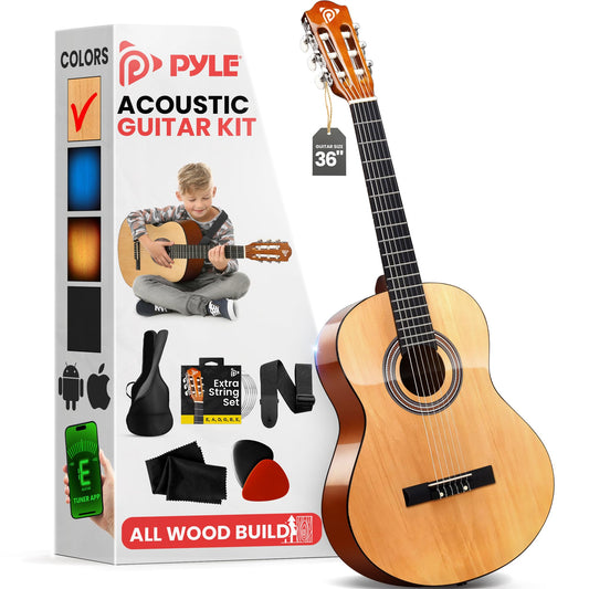 Pyle 6-String Classic Guitar-3/4 Size Scale Guitar with Digital Tuner & Accessory Kit (36’’ -inch), Right, 2 Ash, Gloss, (PGACLS82.X9)