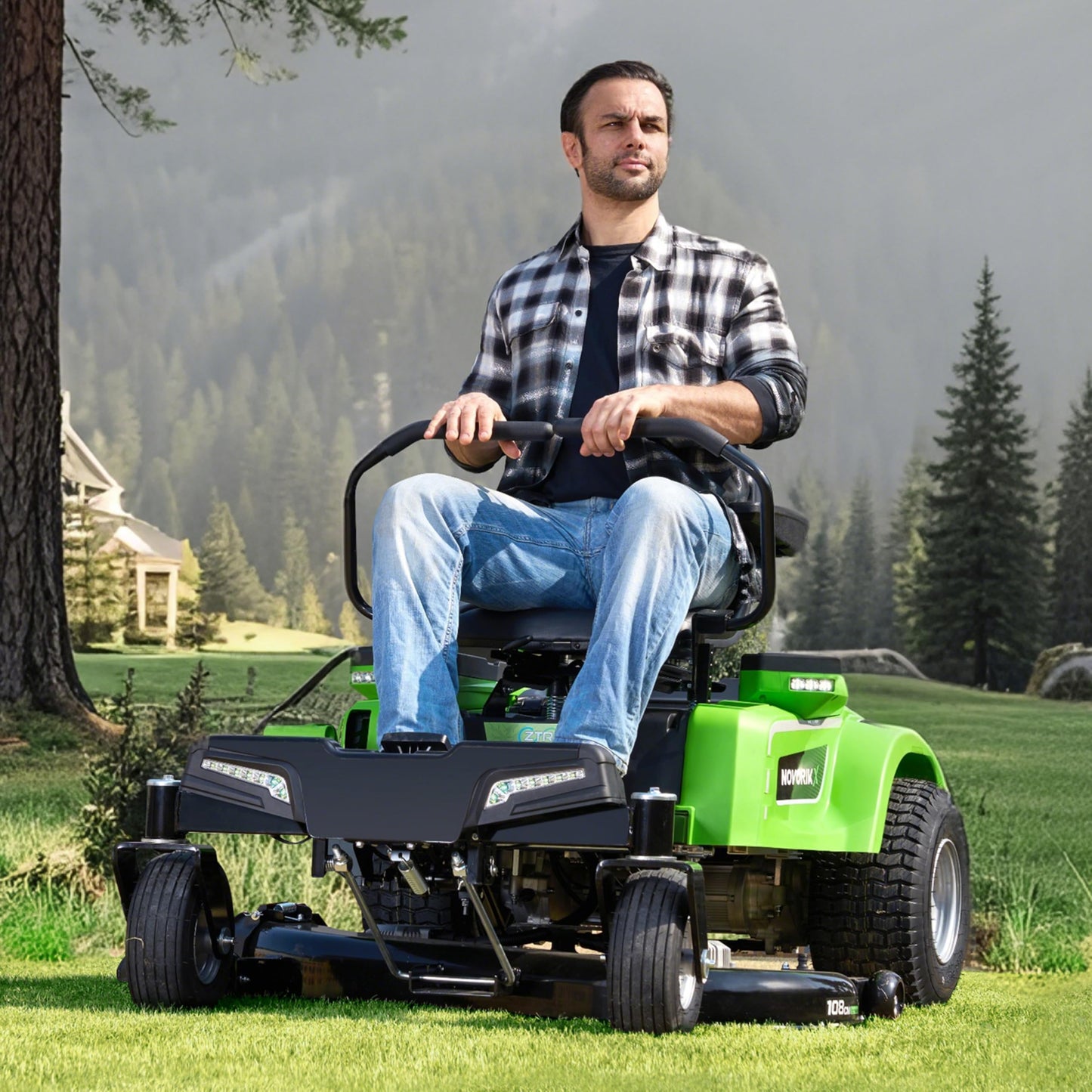 NovorikX 54V 42'' Cordless Electric Riding Lawn Mower, Zero Turn Lawn Mower with 4 * 10AH Batteries and Plug in Charger for Large Yard