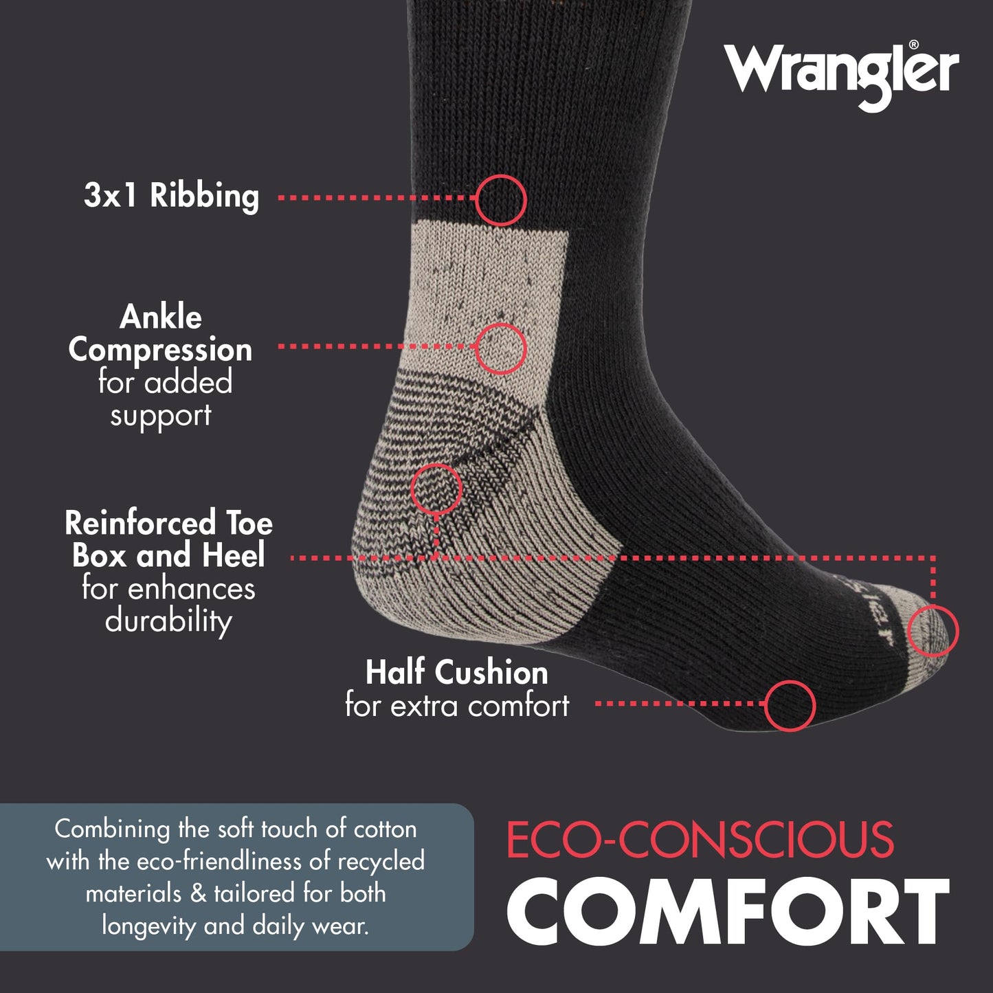 Wrangler - 365 Men's Crew Socks - Full Cushion Socks for All-Day Comfort - Fits Sizes 6-12