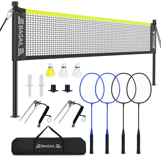 BAGAIL Outdoor Badminton Net Set with Anti-Sag Winch System - Official Size 20ft x 5ft, 4 Rackets, 3 Shuttlecocks, Durable PE Net & Carry Bag for Backyard, Beach, Family Games - Yellow