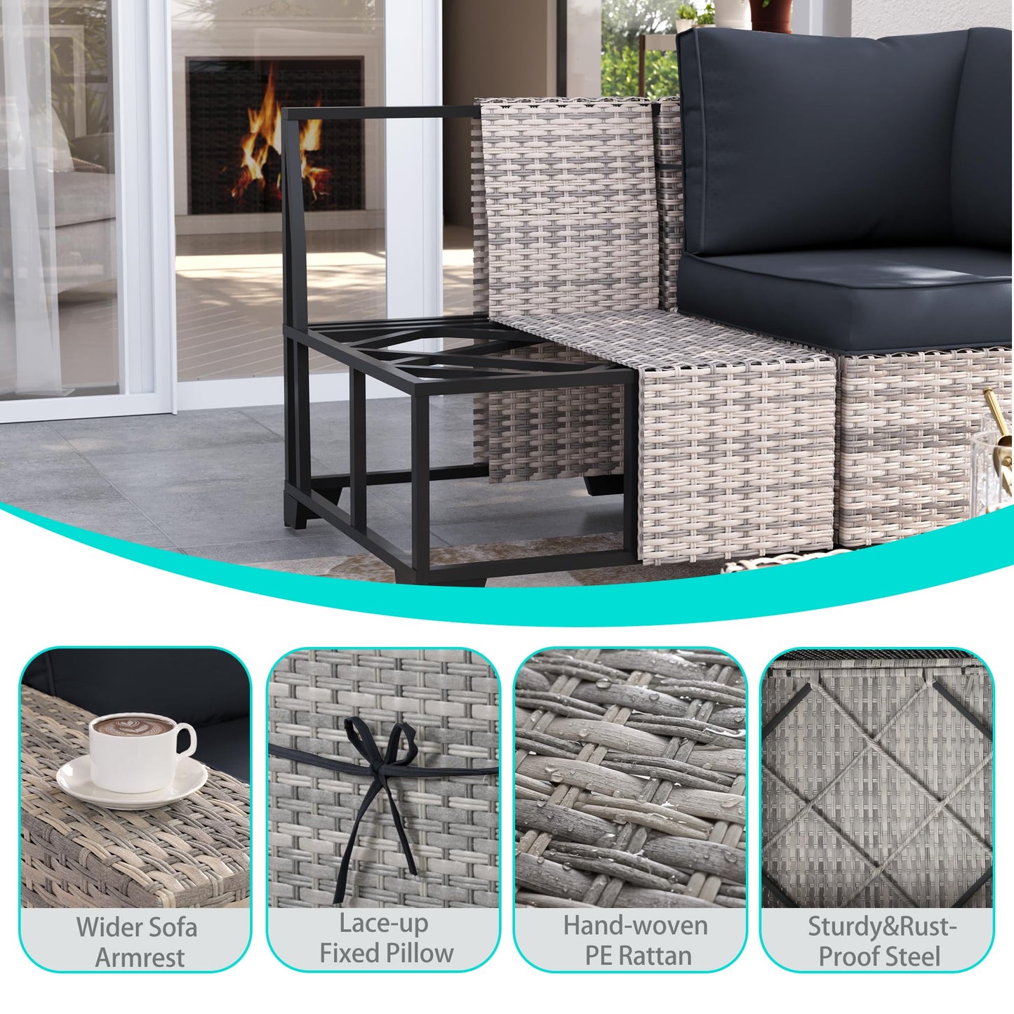 6-Piece Outdoor Patio Furniture Set Wicker Sectional Sofa Set, Patio Conversation Set with Thickened Cushions & Coffee Table for Garden, Backyard, Poolside, Beige