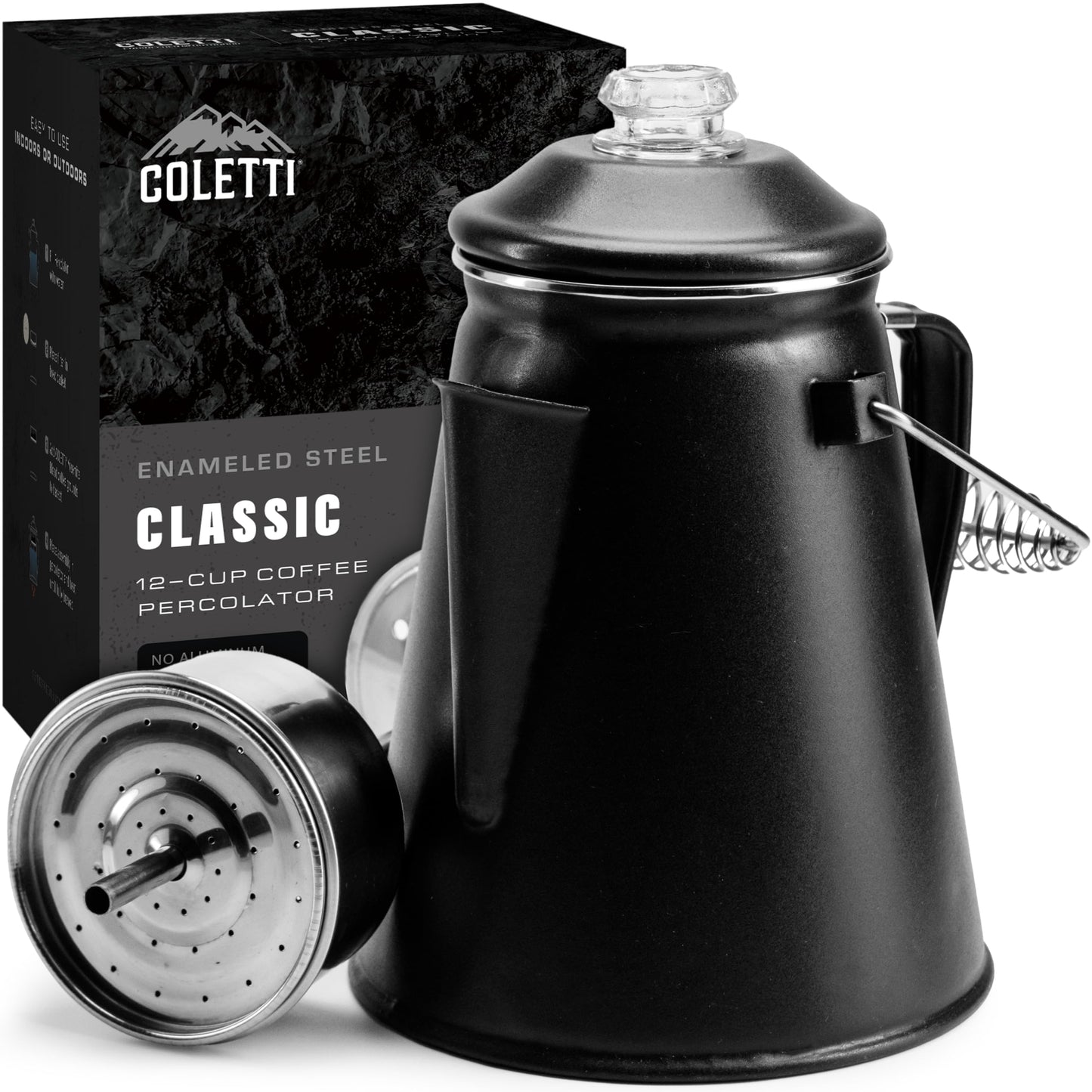 COLETTI Classic Percolator Coffee Pot — Coffee Percolator, Camping Kettle – The Original Camping Coffee Pot, Now Modernized – For Campsite Brewmasters Everywhere [Black Enamel, 12 Cup]